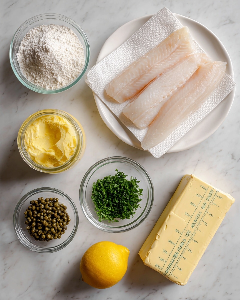 The image shows several cooking ingredients arranged neatly on a white marbled surface. On the right side, four thin, pale pink sole fillets lie stacked on white paper towels placed on a white plate. To the left, there is a small glass bowl filled with white flour, next to a glass jar of yellow ghee with an open top showing its smooth texture. Below the flour, a small glass bowl contains greenish-brown capers. Near the bottom, a bright yellow lemon sits beside another clear glass bowl filled with finely chopped green parsley. Finally, on the bottom right, a rectangular block of yellow butter with measurement markings on the wrapper is placed. The ingredients are evenly spaced and clearly visible. photo taken with an iphone --ar 4:5 --v 7
