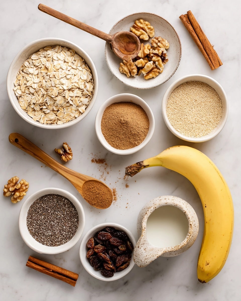 The image shows seven ingredients arranged on a white marbled surface. At the bottom left, a white bowl is filled with light beige quick oats with a wooden spoon resting on top. Above it, a small white bowl holds chopped walnuts with a few pieces spilled beside it next to a wooden spoon also holding some walnuts. Above that, another white bowl contains ground flax seeds, tan in color with a wooden spoon inside it. To the right, a white bowl holds cinnamon powder with two cinnamon sticks lying on top. Next to that, a white bowl is filled with small, dark chia seeds. Centered below these is a white bowl full of dark brown dried raisins, with a few raisins scattered above it. On the right side of the image, a whole yellow banana lies next to a small, speckled ceramic pitcher filled with unsweetened almond milk. The colors range from light cream to deep brown, creating a warm, natural feel. photo taken with an iphone --ar 4:5 --v 7