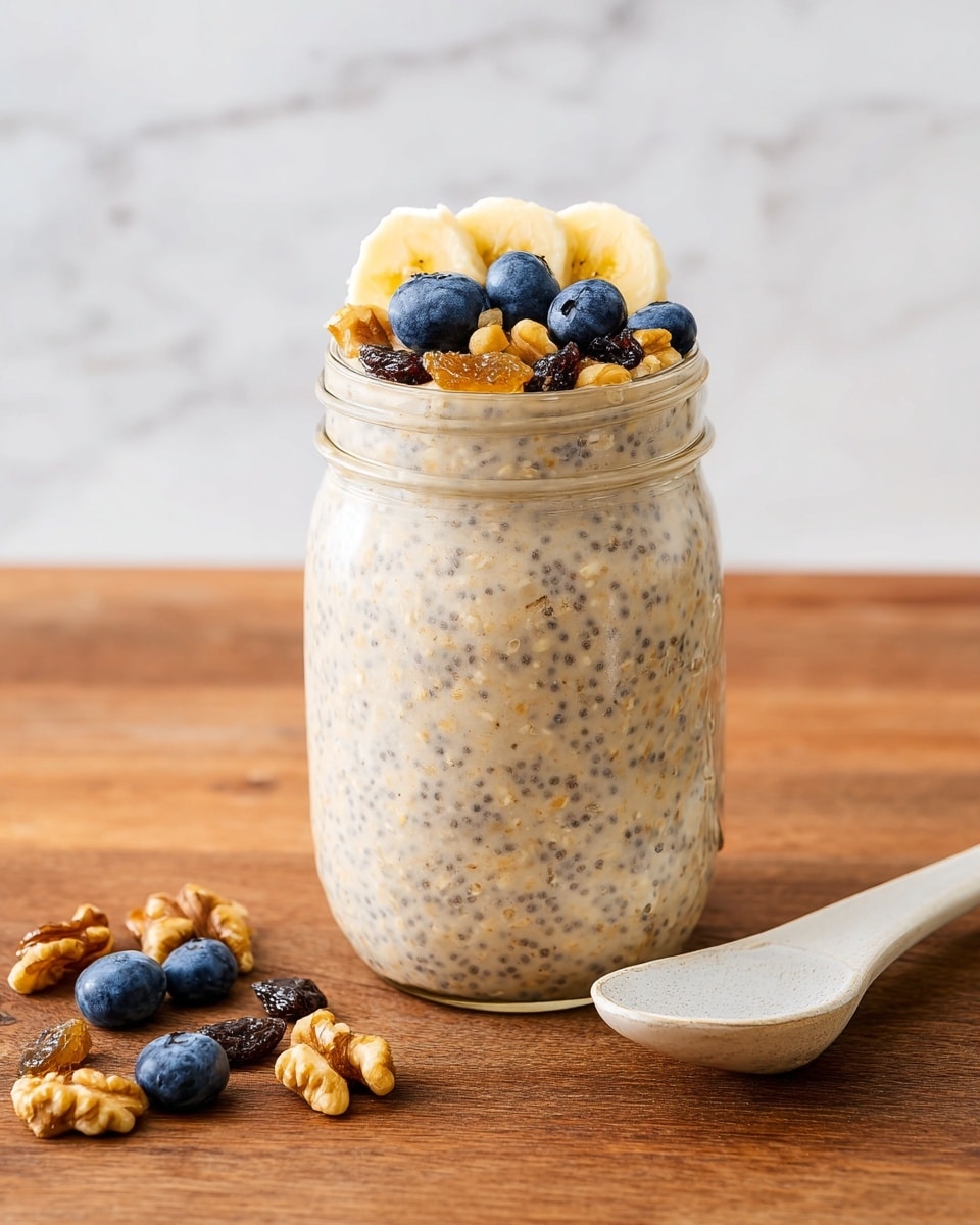 A clear glass jar filled with a creamy beige overnight oats mixture speckled with tiny black chia seeds fills most of the frame. The top layer has fresh blueberries, golden brown walnut pieces, light brown raisins, and light yellow banana slices arranged in a small curved row. A few blueberries, walnut pieces, and raisins are scattered casually on a warm wooden surface next to the jar, with some resting in a white wooden spoon to the right. The background is a soft white marbled texture. photo taken with an iphone --ar 4:5 --v 7