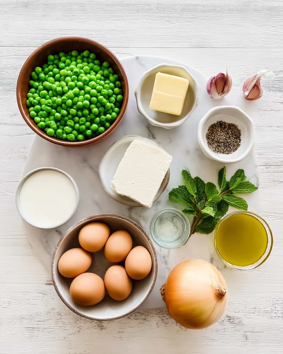 The image shows various ingredients placed neatly on a white marbled surface arranged in a loose circle. Starting from the top left, there is a brown bowl filled with bright green frozen peas with a frosty texture. To the right, a small white bowl holds a single clove of garlic with a reddish-purple skin. Next to it is another small white bowl containing a pale yellow stick of butter. Further right, a small white bowl holds a white block of tofu or cheese. Below the tofu is a small white bowl divided into two halves, one filled with white salt and the other with black pepper. To the right of this bowl, fresh green mint leaves add a touch of color. Underneath, there is a whole light brown onion with a papery skin. At the center-bottom, a brown bowl contains several light brown eggs smooth in texture. To the left of the eggs is a small white bowl filled with golden yellow olive oil. Below the oil is a small clear glass with some white cream in it. The scene is bright and clean, captured from above as if ready for cooking preparation photo taken with an iphone --ar 4:5 --v 7