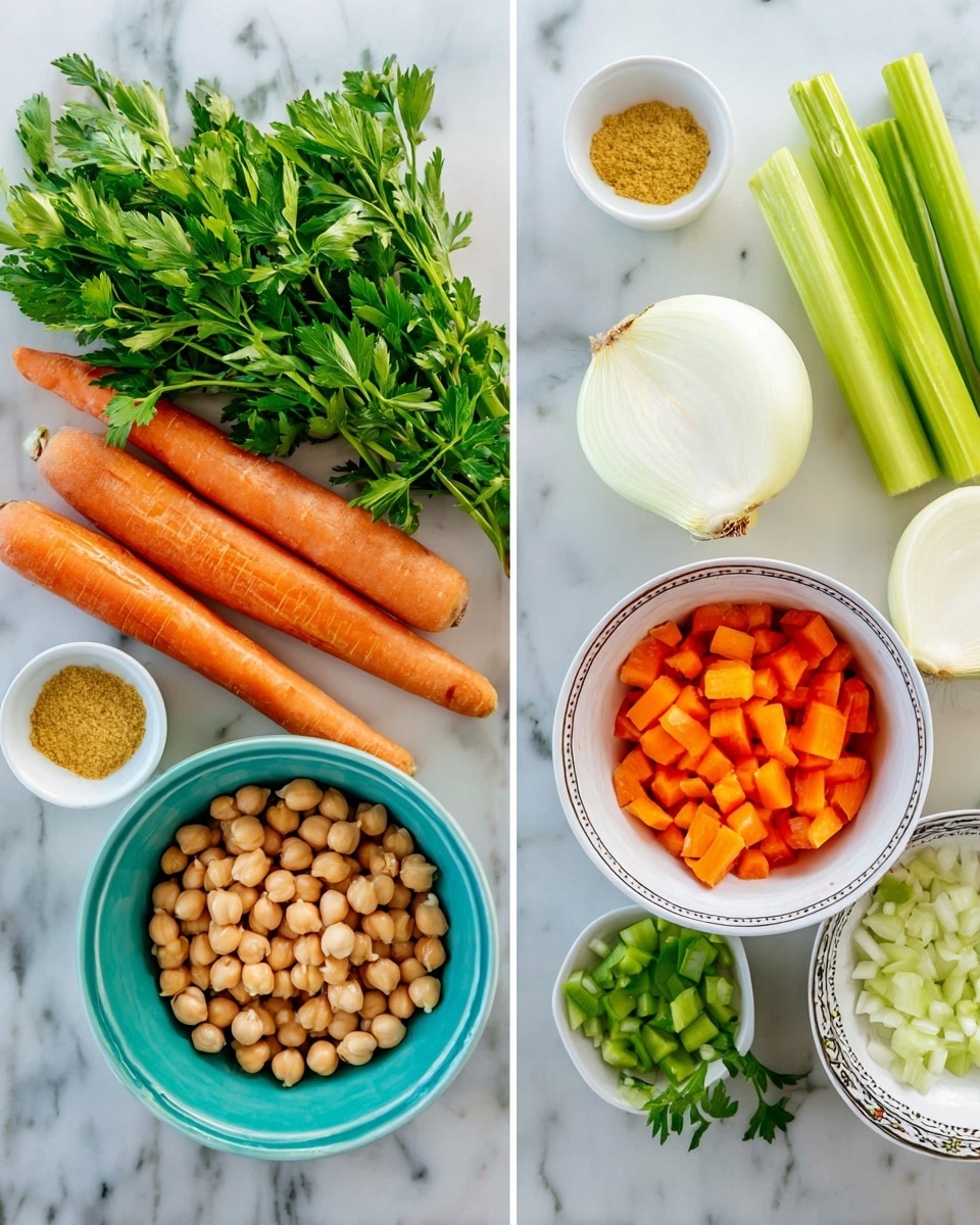 On the left side, there are fresh whole vegetables placed on a white marbled texture: bright green parsley with long stems, two orange carrots with smooth skin, three celery stalks with leaves at the top, and a white onion cut in half showing its layers. On the right side, there are four white bowls and one small white dish with different prepared ingredients sitting on the same white marbled background. From the top left, a small white dish holds a yellow powder, the top right bowl is filled with finely chopped white onions, a white bowl below it contains sliced green celery sticks, a turquoise bowl to the bottom left holds light brown chickpeas, and a turquoise bowl at the top holds bright orange sliced carrots. Some sprigs of green parsley are placed next to the bowls. photo taken with an iphone --ar 4:5 --v 7