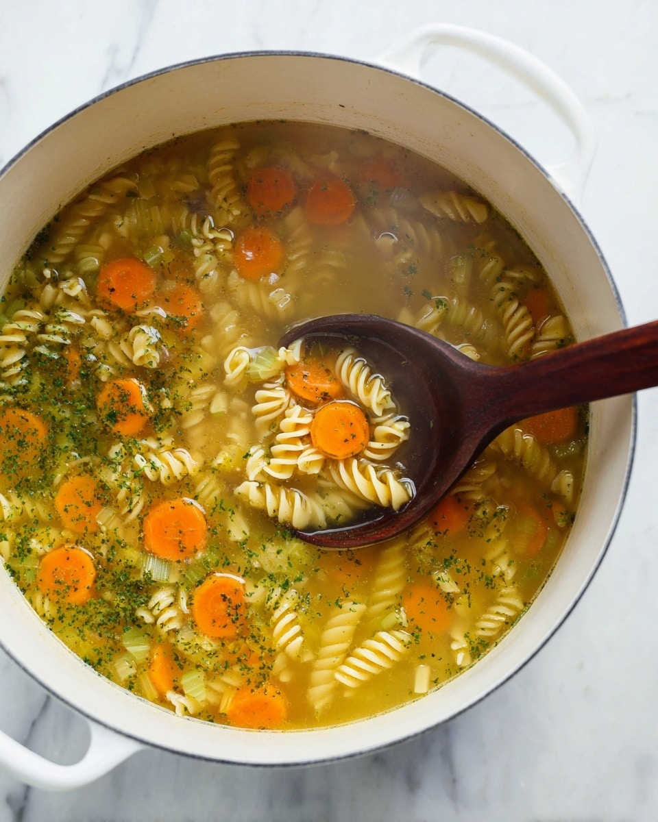 A white pot filled with clear yellow broth containing three main layers: bright orange round carrot slices, pale green celery pieces, and light yellow spiral pasta, all mixed with chopped green herbs floating evenly throughout. A dark wooden spoon is placed inside the pot, holding a scoop of the soup with visible carrot, celery, and pasta, and steam rises lightly from the hot soup. The pot sits on a white marbled surface. Photo taken with an iphone --ar 4:5 --v 7