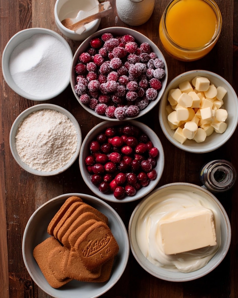The image shows eight white bowls and plates placed on a dark wooden surface with close-up views of ingredients for baking. The bottom center bowl is filled with stacked, brown biscuits with the word