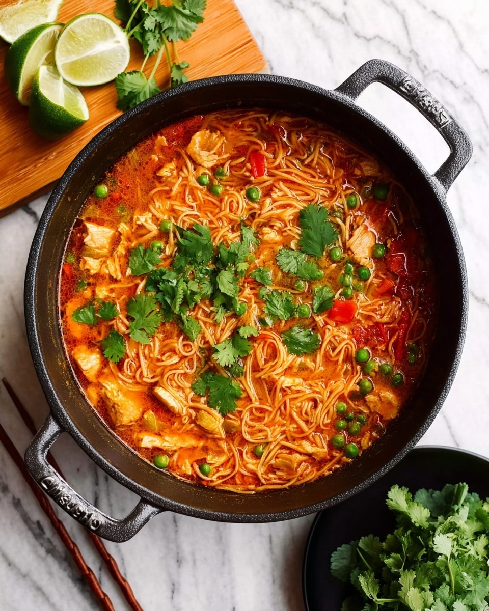 A black cast iron pot filled with a rich, reddish-orange noodle soup sits on a white marbled surface. The soup has visible layers of thin noodles, chunks of light-colored chicken, bright red bell pepper pieces, and green peas, all mixed in a creamy broth. Fresh green cilantro leaves are scattered on top, adding a vibrant touch. Nearby, a wooden board holds wedges of lime and a bunch of fresh cilantro. A black plate with brown chopsticks rests next to the pot. Photo taken with an iphone --ar 4:5 --v 7