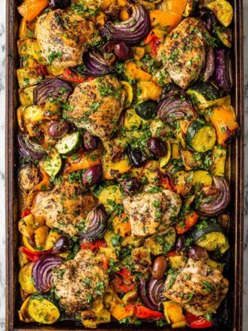Greek Sheet-Pan Chicken with Lemon, Olives, and Feta Recipe