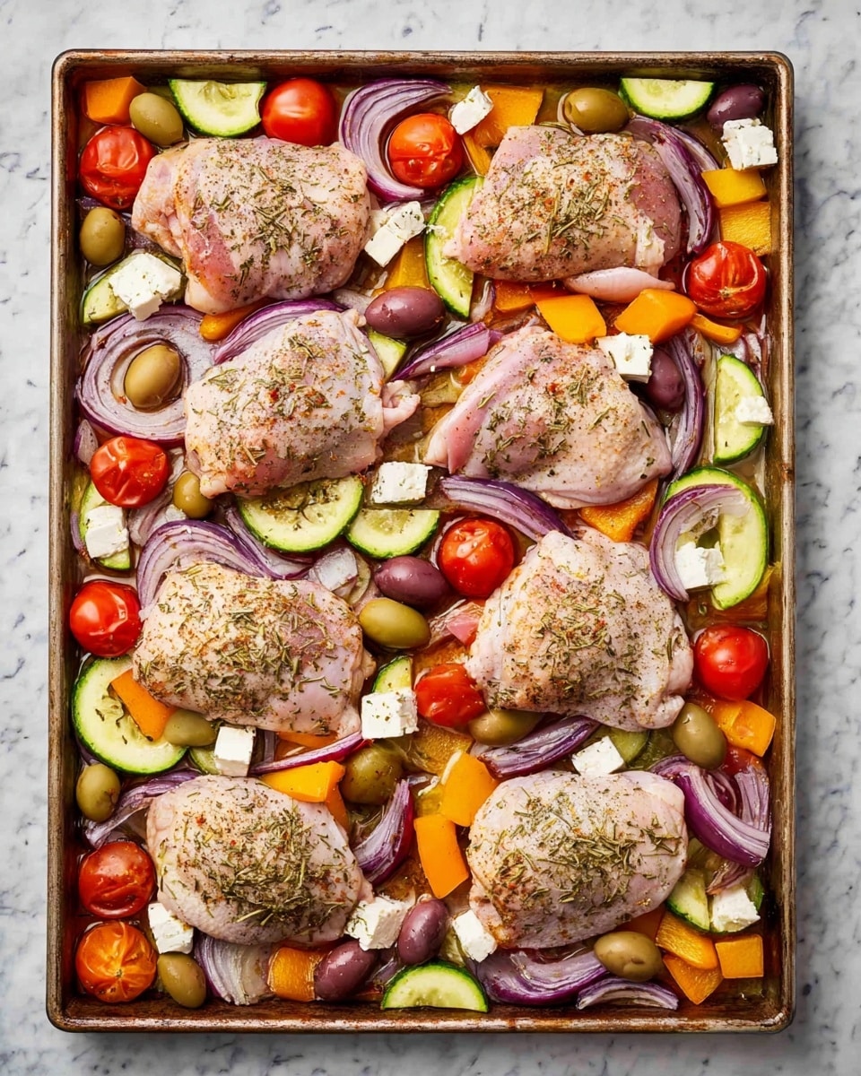 A baking tray filled with seven raw chicken thighs, each seasoned with herbs and spices, placed evenly across the tray. Around and under the chicken are layers of sliced red onions with a shiny, smooth texture, quartered red tomatoes showing the juicy inside, chopped orange bell peppers with a crisp look, and half-moon slices of green zucchini adding a fresh feel. Scattered through the vegetables are small cubes of white feta cheese and whole green and dark purple olives, giving the dish spots of white and deep color. The background is a white marbled texture. photo taken with an iphone --ar 4:5 --v 7