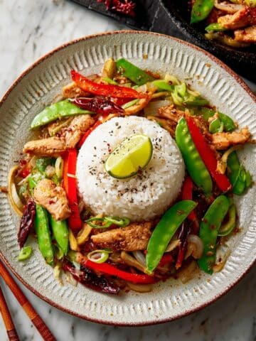 Firecracker Chicken with Spicy Snow Peas and Sesame Rice Recipe