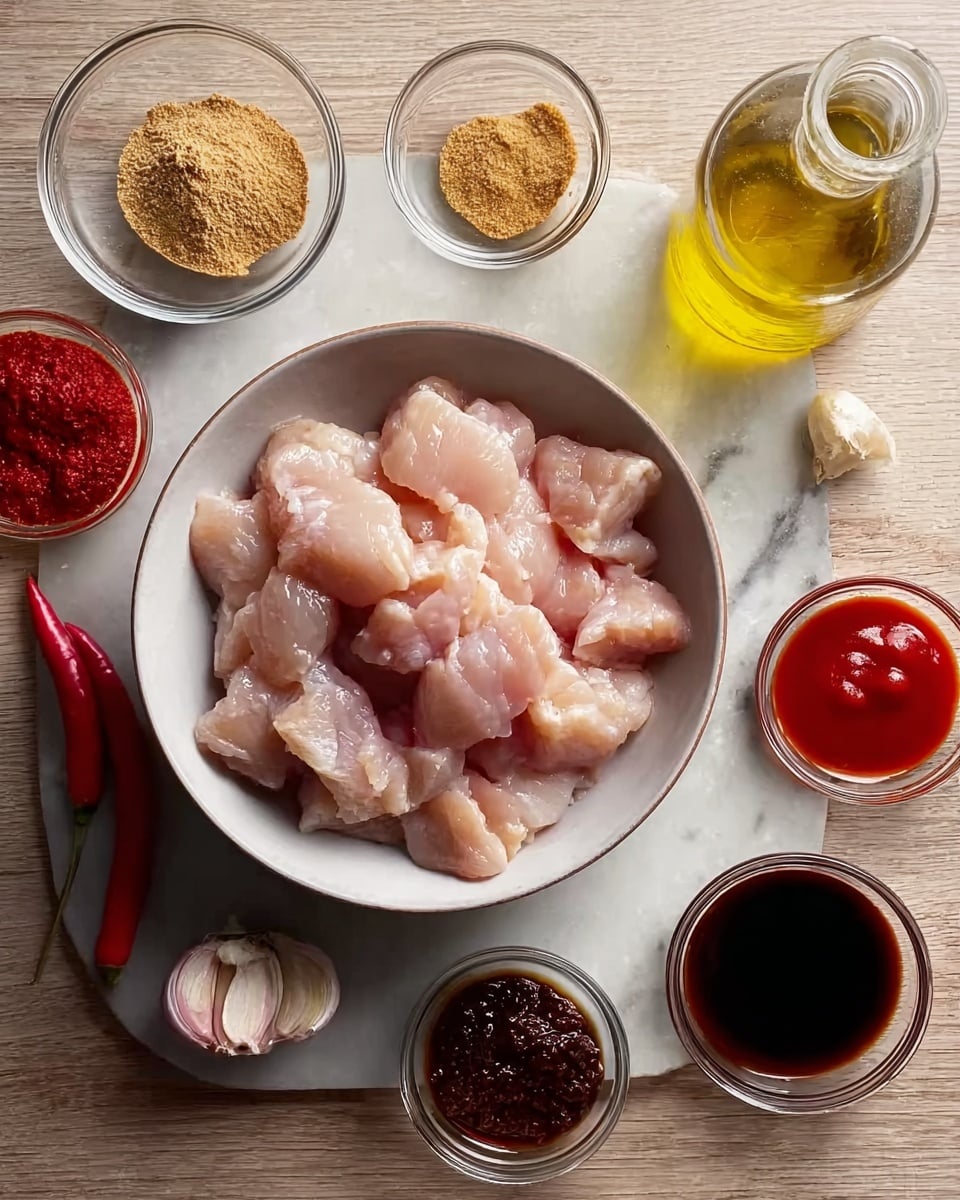 The image shows a white bowl filled with raw chicken pieces that are pale pink and moist, placed on a white marbled surface. Around the bowl, there are several small clear glass bowls holding different sauces and ingredients with various colors: light brown sugar, dark soy sauce, a small amount of honey with a yellowish-brown color, a dark chili paste, bright red ketchup, and a round small dish with a deep red sauce. A couple of garlic cloves and a whole red chili pepper rest near a small glass bottle containing yellow oil, all arranged neatly on the white marbled surface. photo taken with an iphone --ar 4:5 --v 7
