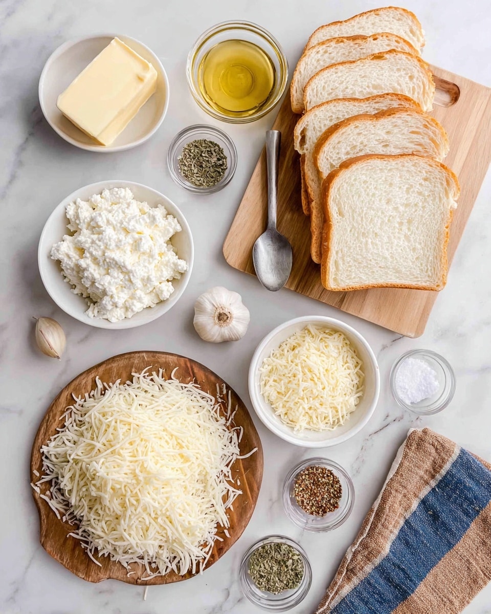 The image shows several ingredients arranged on a white marbled surface. On the top right, there are five slices of white bread stacked on a small wooden cutting board. Just above the bread is a small glass bowl with a piece of yellow butter. To the left of the bread, there is a small spoon with dried basil leaves and next to it a clear spoon with light yellow oil. Below these, a single clove of garlic rests directly on the surface. Moving downwards, there are two small white bowls, one filled with white cottage cheese on the left and one filled with light yellow grated parmesan cheese on the right. At the bottom left, there is a small wooden board with a large pile of shredded white mozzarella cheese. To the right of these bowls, there are three small clear spoons lined up containing brown pepper, white salt, and dried green oregano. In the bottom right corner, there is a striped cloth with blue, brown, and beige colors. photo taken with an iphone --ar 4:5 --v 7