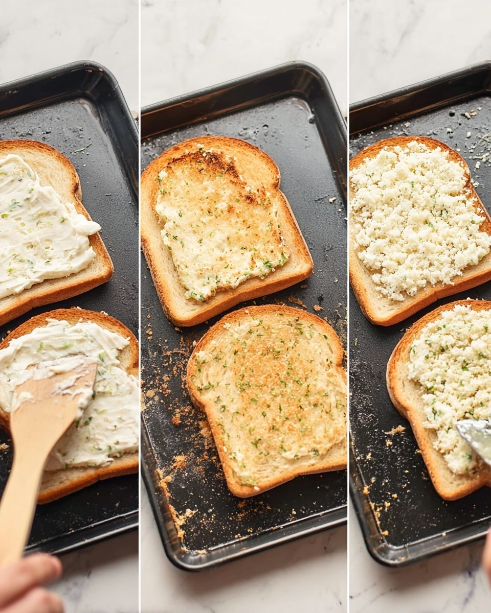 The image shows three steps of making a toasted bread dish on a white marbled surface. In the first step, four slices of plain white bread are on a dark tray, with a woman's hand using a wooden spatula to spread a white, creamy mixture on one slice. In the second step, a woman's hand holds a spoon, spreading a white crumbly layer evenly over three slices of bread on the tray. In the final step, the four slices are toasted to golden brown with small green herb bits sprinkled on top, slightly crisp and browned on the edges, still on the dark tray. photo taken with an iphone --ar 4:5 --v 7
