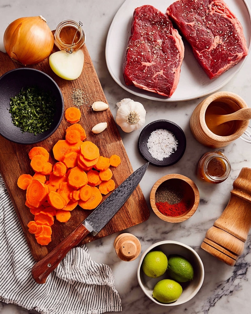 The image shows a wooden cutting board placed on a white marbled surface with sliced bright orange carrots scattered on top and more in a white bowl to the bottom right. A knife with a wooden handle rests on the board with more carrot slices on the blade. To the top right, two raw red steaks with fat marbling are on a white plate, sprinkled with salt and black pepper. Surrounding the board are various ingredients including a halved yellow onion, a whole garlic bulb, a small dark gray bowl filled with chopped green herbs, a round light wooden bowl with salt and spices like red paprika and dried herbs, and a small black dish with a red paste. At the bottom left there are two whole green limes on a small white bowl with a light wooden citrus juicer resting beside them. A glass jar of honey and a wooden pepper grinder are also visible. A white cloth with black stripes lies partially under the cutting board. Photo taken with an iphone --ar 4:5 --v 7