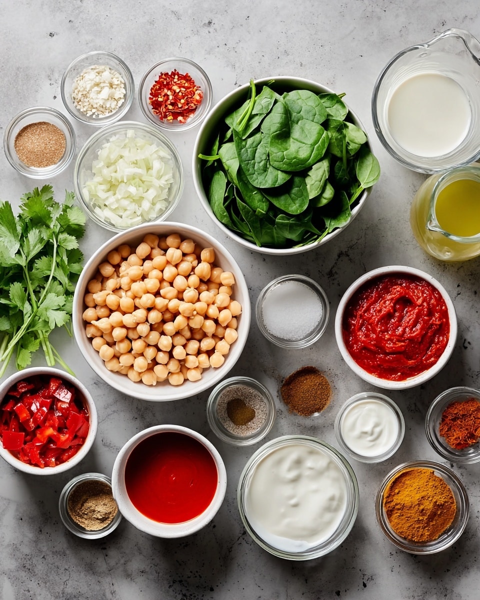 The image shows many white bowls and a clear glass jug arranged on a white marbled surface, each holding different ingredients for a recipe. There is one large white bowl in the center filled with light beige chickpeas, a medium white bowl with fresh green spinach leaves next to it, and smaller white bowls around them containing bright red chopped bell peppers, smooth red tomato paste, and vivid red crushed chili flakes. Other white bowls hold finely chopped white onions, creamy white yogurt, and a pale yellow liquid. A small white bowl contains a mix of white salt, and there are several tiny white bowls with various ground spices in shades of tan, brown, and bright orange. The clear glass jug contains white coconut milk, and a small green bowl holds grated ginger. Fresh green cilantro leaves are placed on the surface near the bowls, adding more color contrast to the scene. Photo taken with an iphone --ar 4:5 --v 7