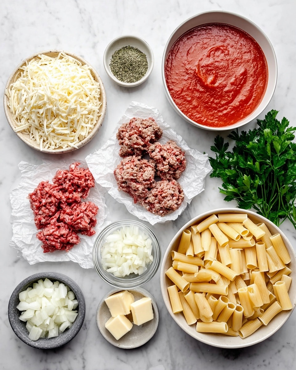 The image shows ingredients neatly arranged on a white marbled surface. There is a large white bowl filled with uncooked rigatoni pasta on the right side. Next to it, in a small glass bowl, is a rich red tomato sauce with a smooth, slightly thick texture. Above that bowl, a small dish contains dried green herbs. To the left is a large beige bowl full of shredded white cheese, piled high with thin, soft strands. Below that bowl, a small dark bowl contains diced white onion pieces, cut into small cubes. Next to the onions, two piles of raw ground meats sit on white parchment paper, one darker brown and the other a brighter red. Above the meats, a small white dish holds several cubes of pale yellow butter. Near that dish, a small gray stone bowl contains coarse salt. There is also a small beige bowl with finely minced garlic, cream-colored and textured. On the far right, a bunch of fresh green parsley rests, bright and leafy. Each item is distinct and placed carefully for clear visibility. Photo taken with an iphone --ar 4:5 --v 7