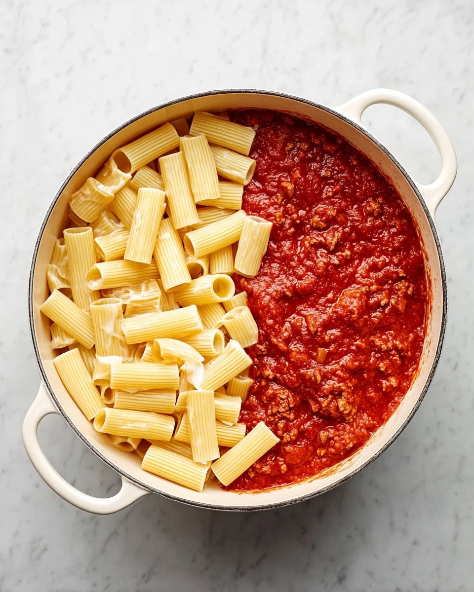 A white pot is filled with two clear layers: on the right side there is a thick red tomato sauce with small chunks of meat, showing a rich and slightly glossy texture, while on the left side there is a layer of pale yellow rigatoni pasta with ridges and hollow centers. The sauce and pasta meet evenly in the middle, creating a strong contrast between the smooth, dense red sauce and the firm, textured pasta. The pot rests on a white marbled surface. photo taken with an iphone --ar 4:5 --v 7
