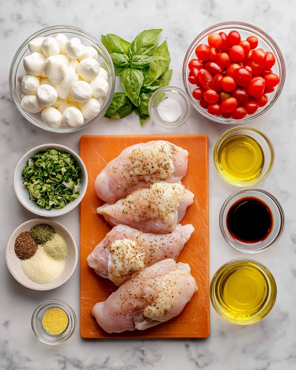 The image shows an arrangement of fresh ingredients on a white marbled surface with four seasoned raw chicken pieces placed on an orange cutting board at the center. Surrounding the chicken are small clear glass bowls with bright red halved grape tomatoes, white mozzarella balls, chopped green basil, minced garlic, yellow mustard, dried Italian seasoning, ground black pepper, and white salt. There are also small clear bowls with golden honey, dark balsamic vinegar, and light yellow avocado oil. The ingredients are neatly placed in a flat lay style with all labels visible, creating a vibrant and clean cooking prep scene photo taken with an iphone --ar 4:5 --v 7