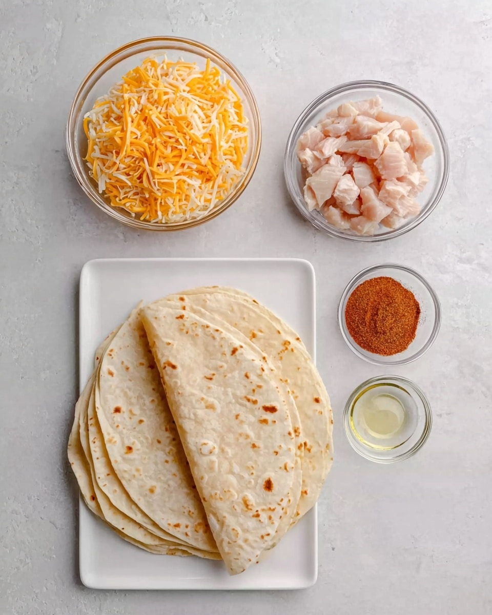 The image shows ingredients for making a meal arranged on a white marbled surface. There is a white rectangular plate holding a stack of folded flour tortillas, light beige with small brown spots. To the top right of the tortillas, there is a clear glass bowl filled with small pieces of raw chicken, pale pink in color. On the left side, a large clear glass bowl contains a mix of shredded orange and white cheese. Below that, a smaller clear container holds a reddish-brown powder spice, and above the chicken bowl, there is a small clear bowl with a little oil or liquid. The layout is neat, with all items spaced out evenly. Photo taken with an iphone --ar 4:5 --v 7