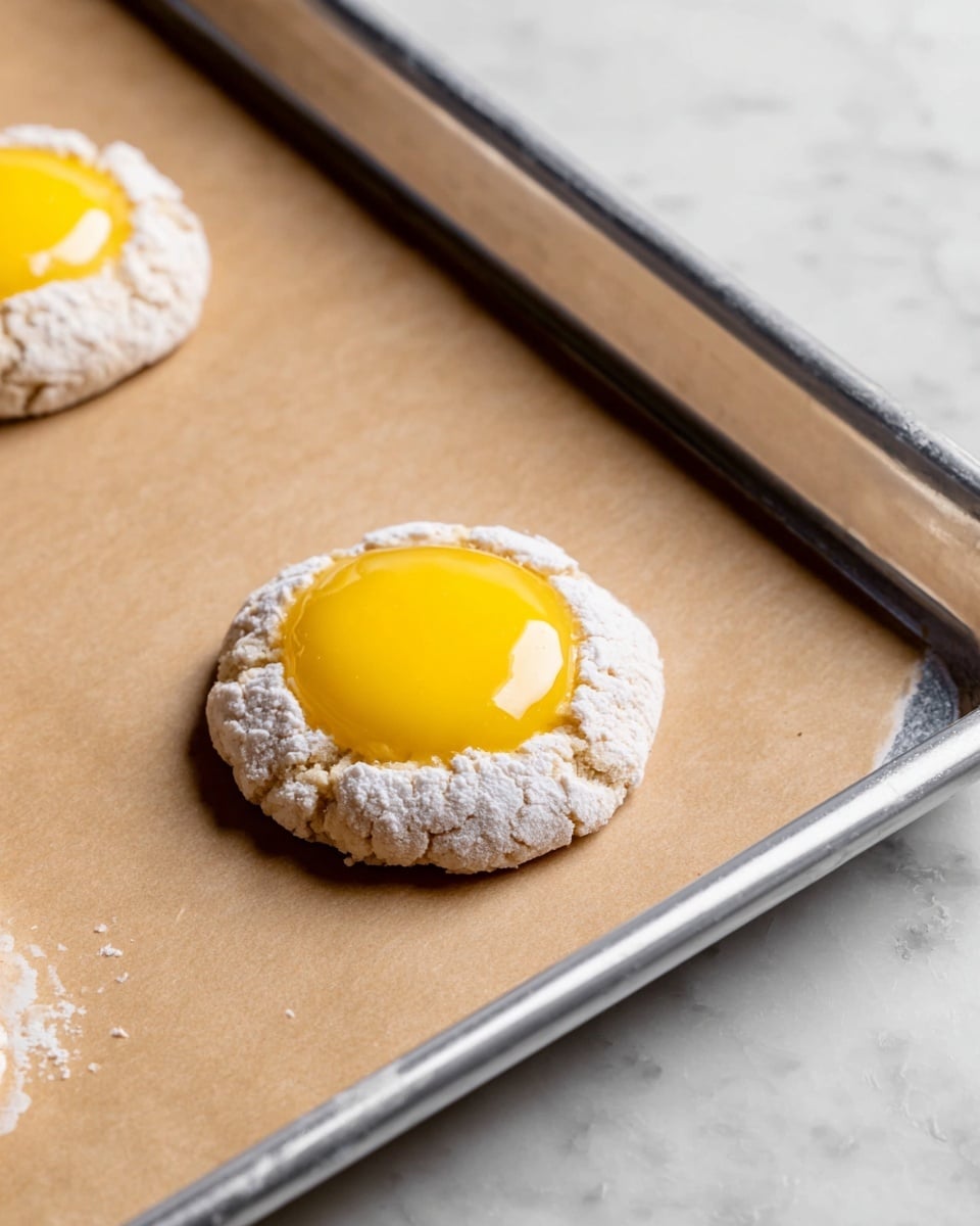 The image shows two small round cookies on a baking tray with brown parchment paper. Each cookie has two layers: the bottom layer is a rough-textured, white dough that looks soft and lightly dusted with flour, while the top layer is a smooth, shiny, bright yellow dollop sitting in the center of the dough, resembling a glossy jelly or cream. The baking tray is silver with rounded edges, set on a white marbled surface. Photo taken with an iphone --ar 4:5 --v 7