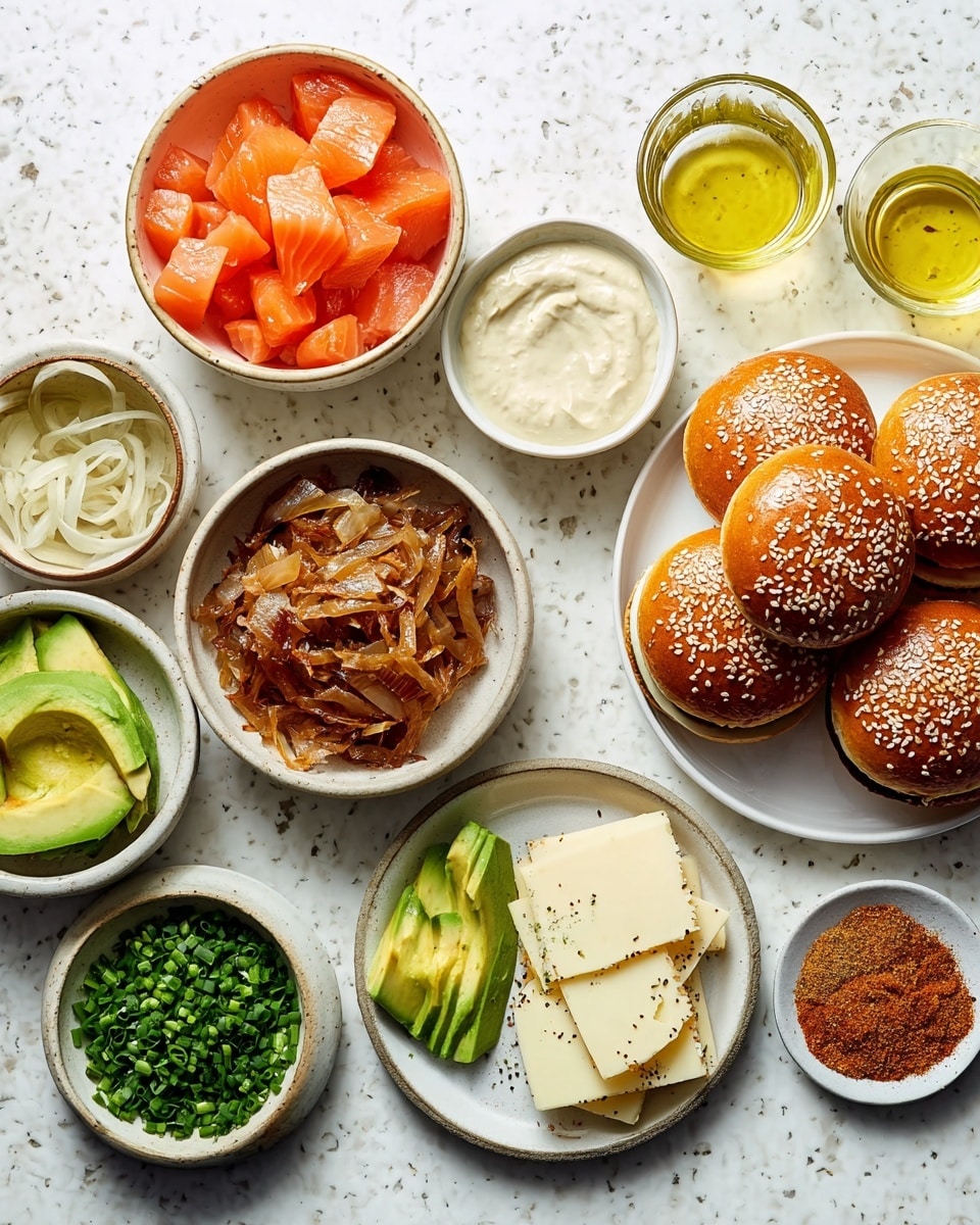 The image shows several small white bowls and a white plate arranged on a white marbled surface with various ingredients for making hamburgers. There is a bowl of bright orange cubed raw salmon, a bowl of caramelized brown onions, and a bowl with sliced green avocado. A small bowl contains a creamy light sauce, while another small bowl holds chopped green chives. A plate has three slices of pale creamy cheese with specks of herbs. There are three golden brown hamburger buns topped with sesame seeds lined up on the right side. Two small glass containers hold a light yellow liquid and a golden oil. A small plate holds three piles of light brown and reddish spices. photo taken with an iphone --ar 4:5 --v 7