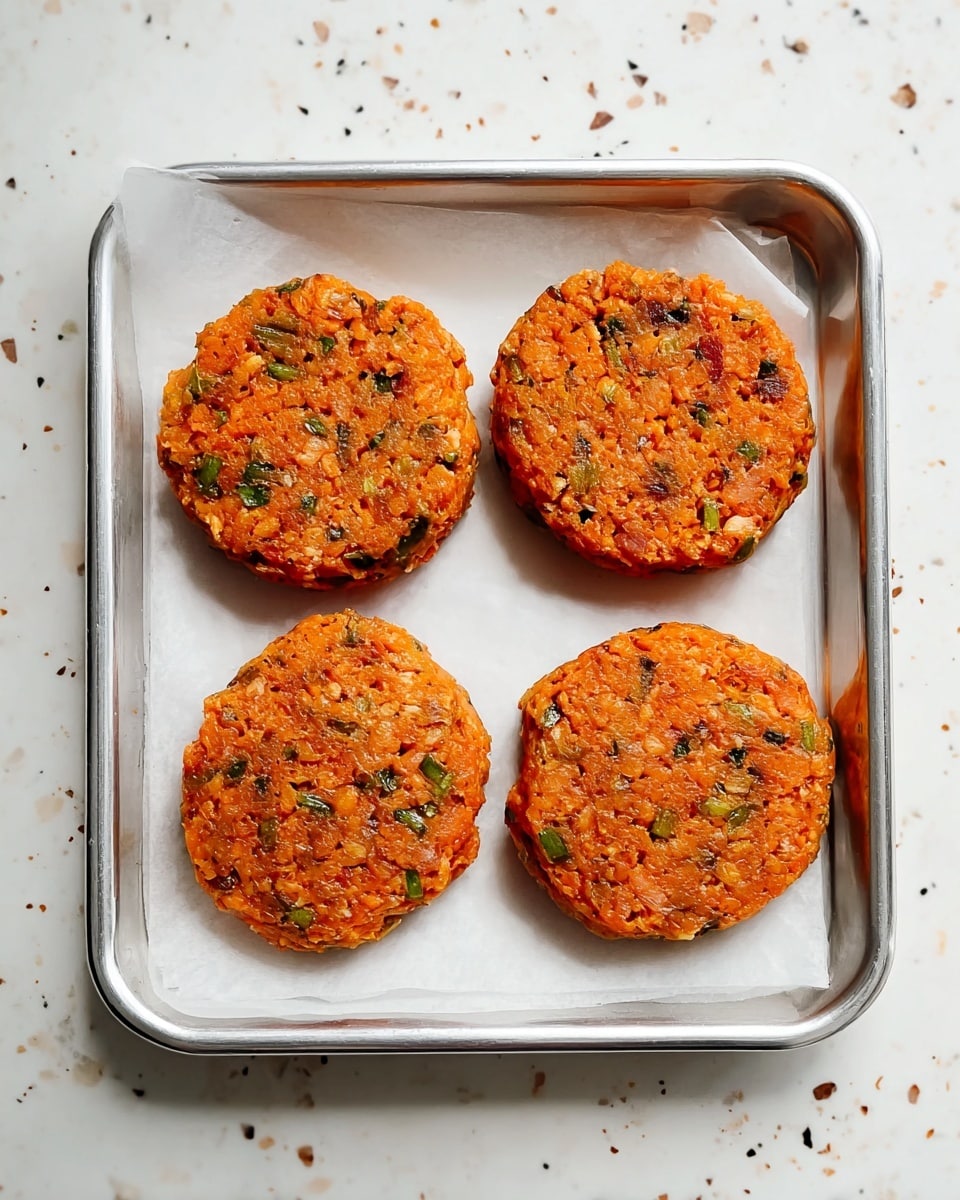 The image shows four round, orange-colored patties with small green herb pieces mixed throughout. They are evenly spaced on a white parchment paper that lines a silver metal tray. The surface beneath the tray is a white marbled texture with small specks of tan, black, and brown scattered across it. The patties have a slightly uneven texture, showing chunks and bits within them, and each patty appears thick and roughly the same size. Photo taken with an iphone --ar 4:5 --v 7