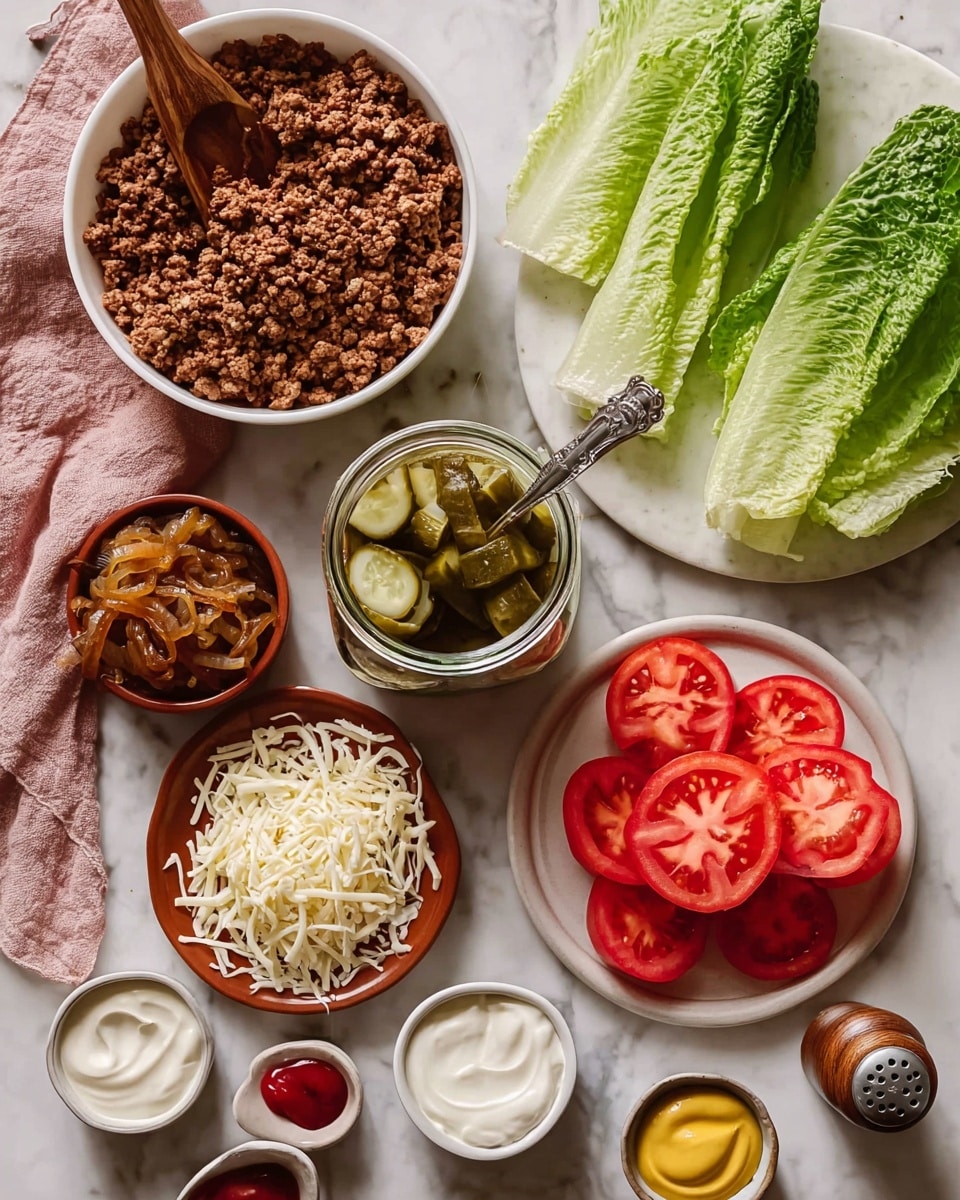 The image shows a top view of various fresh and prepared ingredients arranged on a white marbled surface. At the top is a white bowl filled with cooked brown ground meat and a wooden spoon resting inside it. To the right, there are bright green leaves of romaine lettuce laid out flat. Below the meat, there is a glass jar on a white plate containing sliced pickles with a metal spoon inside. A small dish of caramelized brown onions sits below the jar. Next to the caramelized onions, a terracotta plate holds a pile of shredded white cheese. Below the cheese, a white plate contains whole red tomatoes and thick red tomato slices. To the right of the plate of tomatoes are three small white bowls with different sauces or condiments—white creamy sour cream, yellow mustard, and red ketchup. To the far left is a folded dusty pink cloth napkin near a small bowl of salt and a pepper grinder. The colors are fresh and natural, with a mix of textures from leafy greens to creamy sauces. Photo taken with an iphone --ar 4:5 --v 7