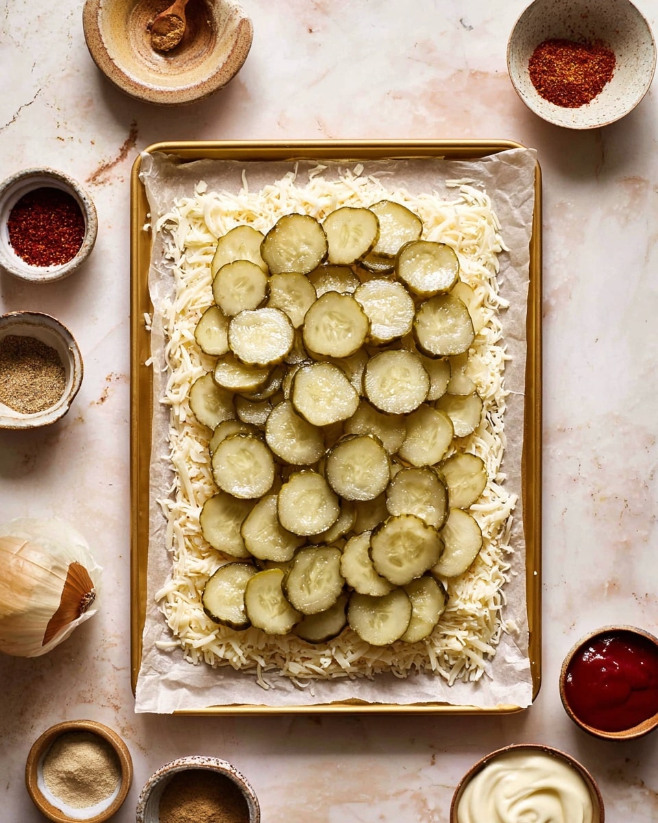 The image shows a rectangular layer of shredded white cheese spread evenly on a piece of parchment paper placed on a golden baking tray. On top of the cheese, there is a layer of round, thin, crinkly slices of light green pickles arranged closely to cover almost all the cheese. Surrounding the baking tray are various small bowls and containers with ingredients including reddish-brown spices, caramelized onions, mustard sauce, ketchup, and a white creamy sauce. The surface beneath the tray has a white marbled texture. Photo taken with an iphone --ar 4:5 --v 7