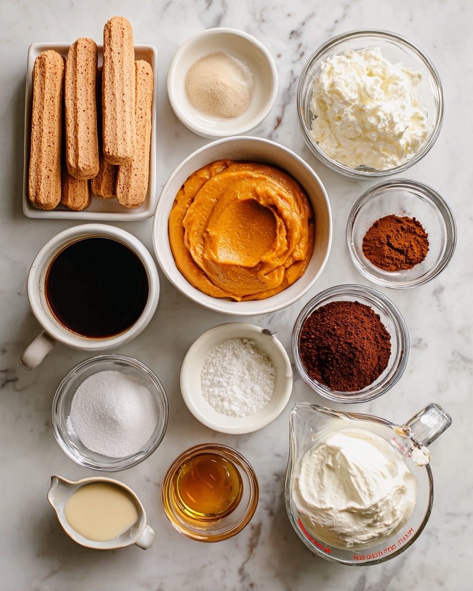 The image shows a white marbled surface with several small white bowls and clear glass measuring cups arranged neatly, each holding different ingredients. There is a rectangular package of light brown ladyfingers on the left, a bowl with rich orange pumpkin purée in the center, and a bowl of smooth white mascarpone cheese nearby. A small bowl filled with fine white confectioners' sugar is at the bottom right, and next to it is a glass measuring cup containing thick heavy whipping cream. Another small bowl holds dark brown pumpkin pie spice, while a separate bowl with deep reddish-brown cocoa powder is placed near brewed dark coffee in a clear glass measuring cup. A small white bowl with golden maple syrup and vanilla completes the setup, all displayed against the white marbled surface. photo taken with an iphone --ar 4:5 --v 7