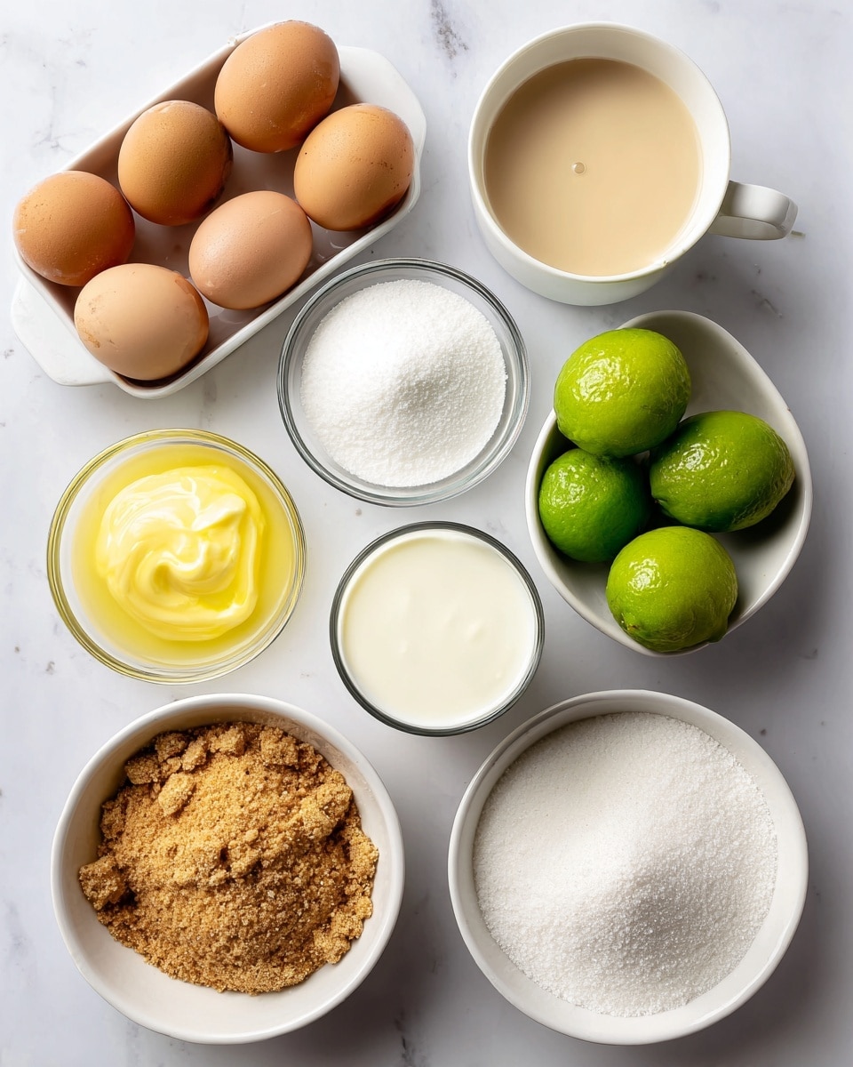 The image shows ingredients arranged neatly on a white marbled surface for a key lime dessert. There are six brown egg yolks in the top left in a white tray, next to a white cup filled with smooth beige sweetened condensed milk. Below is a small clear bowl of fine white powdered sugar. Next to it is a small white bowl with bright yellow melted butter. A white bowl with three fresh green key limes sits below the eggs. In the center is a tall clear glass with thick white heavy cream. At the bottom left is a white bowl filled with light brown graham cracker crumbs. To the right is a white bowl with white granulated sugar. All the items have black bold labels naming each ingredient clearly. Photo taken with an iphone --ar 4:5 --v 7