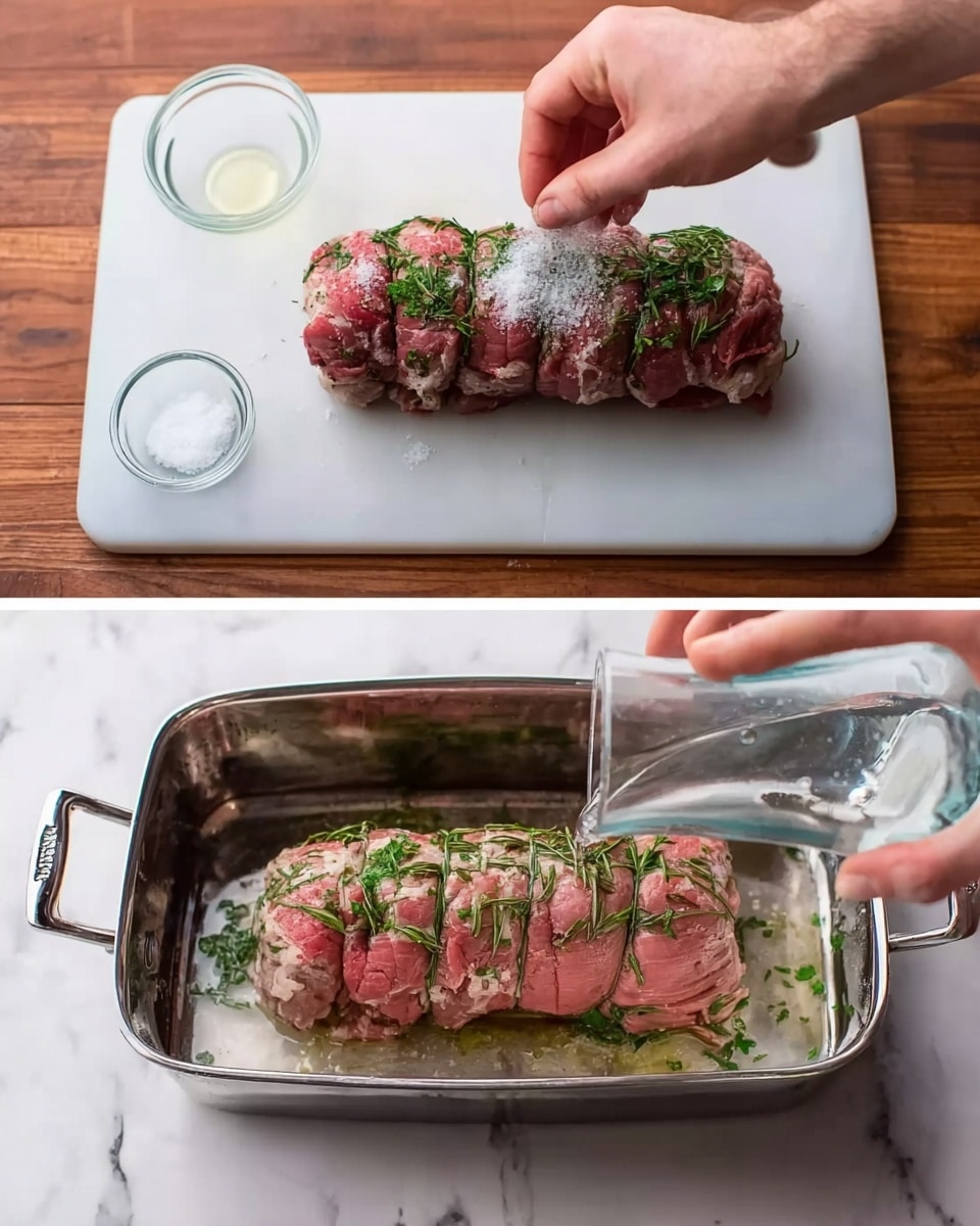 The first image shows a rectangular white cutting board with a rolled piece of raw meat covered in green herbs on top. A woman's hand is sprinkling salt on the meat while another hand holds a small glass bowl of salt. The background is a white marbled texture. The second image shows the same rolled meat placed in a silver roasting pan with handles on both sides. The meat is still decorated with green herbs, and a woman's hand is pouring water into the pan from a glass pitcher. The surface under the pan is also white marbled. photo taken with an iphone --ar 4:5 --v 7