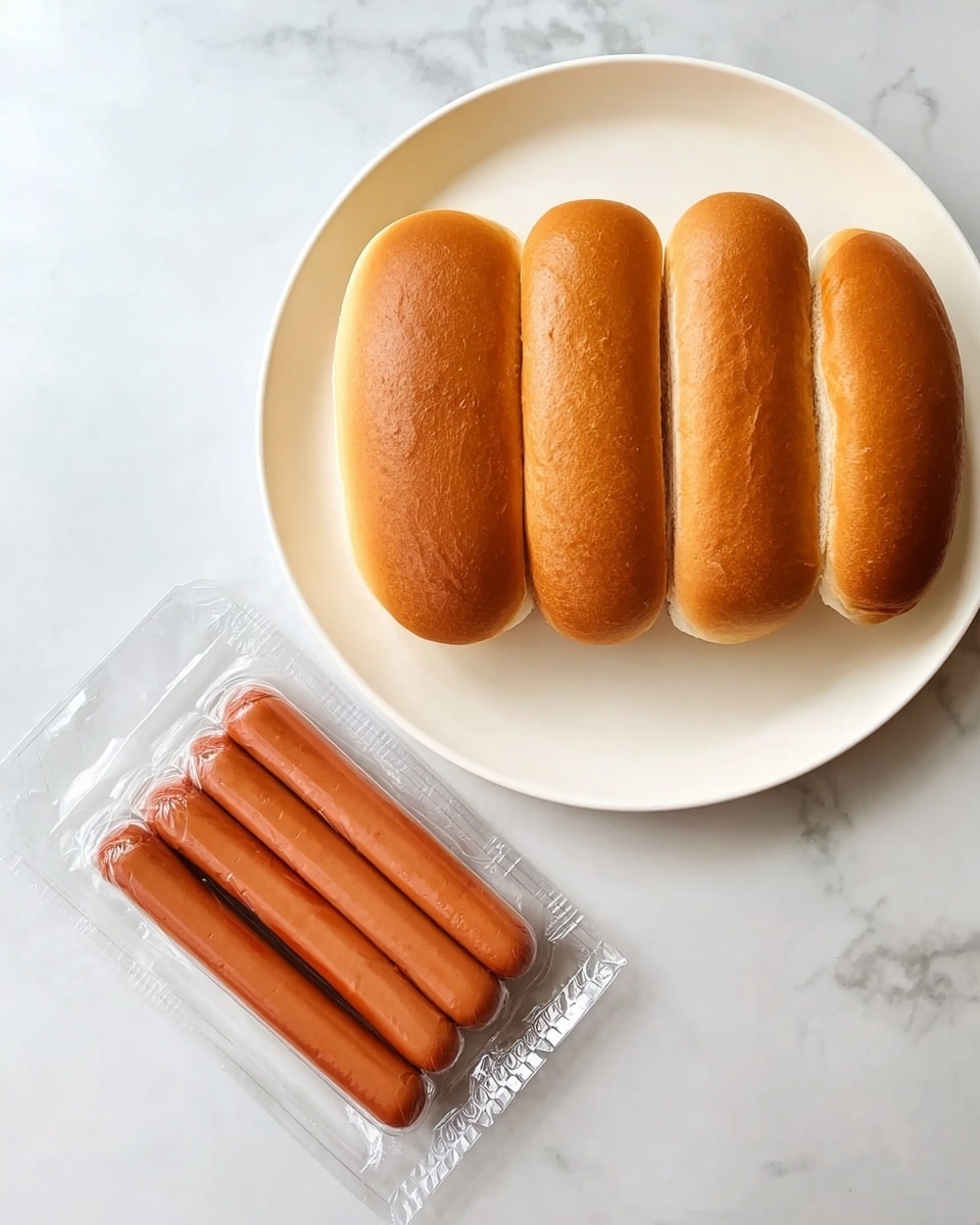 The image shows four plain brown hot dog buns placed side by side on a white plate with a smooth surface. Next to the plate on a white marbled surface lies a clear plastic pack with four reddish-brown sausages inside, each aligned neatly. The scene has soft lighting and a clean, simple setting. photo taken with an iphone --ar 4:5 --v 7