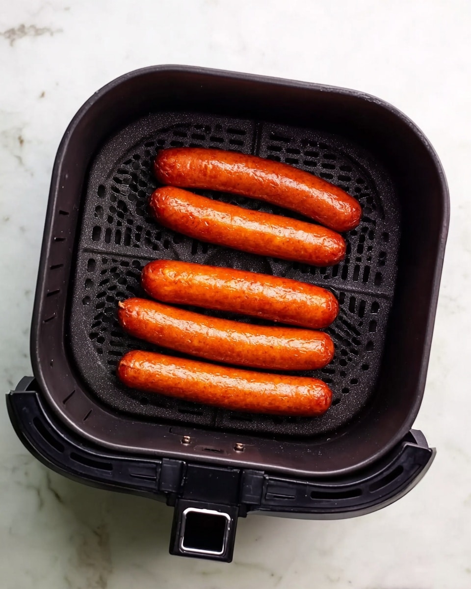 The image shows four shiny, reddish-brown sausages lying inside a black air fryer basket with small holes and a textured pattern. The basket is square-shaped with rounded corners and has a handle area on the bottom side. The background surface is white with a marbled texture. No other items are visible in the image photo taken with an iphone --ar 4:5 --v 7