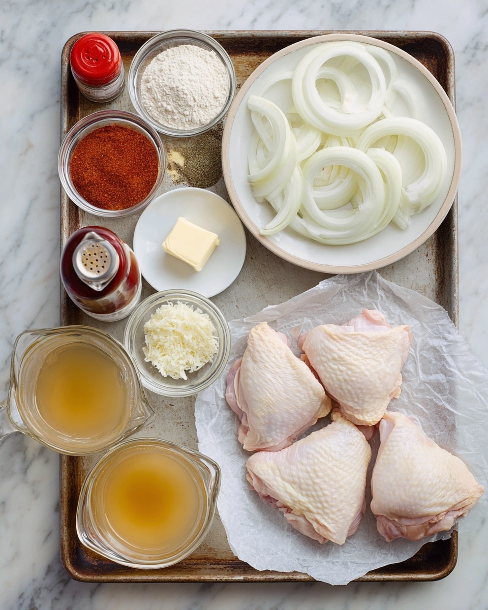 A metal tray holds several ingredients arranged neatly on a white marbled surface. On the bottom right, three raw chicken thighs with pale skin and pink flesh rest on white parchment paper. Above them is a small white plate with a square pat of light yellow butter. To the top right, a white bowl contains many sliced white onions showing smooth and curved layers. Around the tray are small clear glass containers holding light beige flour, light yellow powder, red paprika powder, darker red sauce in a bottle, black pepper, and pale garlic granules. A small clear dish in the center holds minced white garlic. On the left side of the tray, outside of it, are three clear measuring cups with golden yellow broth, white cream, and light yellow oil. Everything is placed with space between them on a white marbled surface photo taken with an iphone --ar 4:5 --v 7