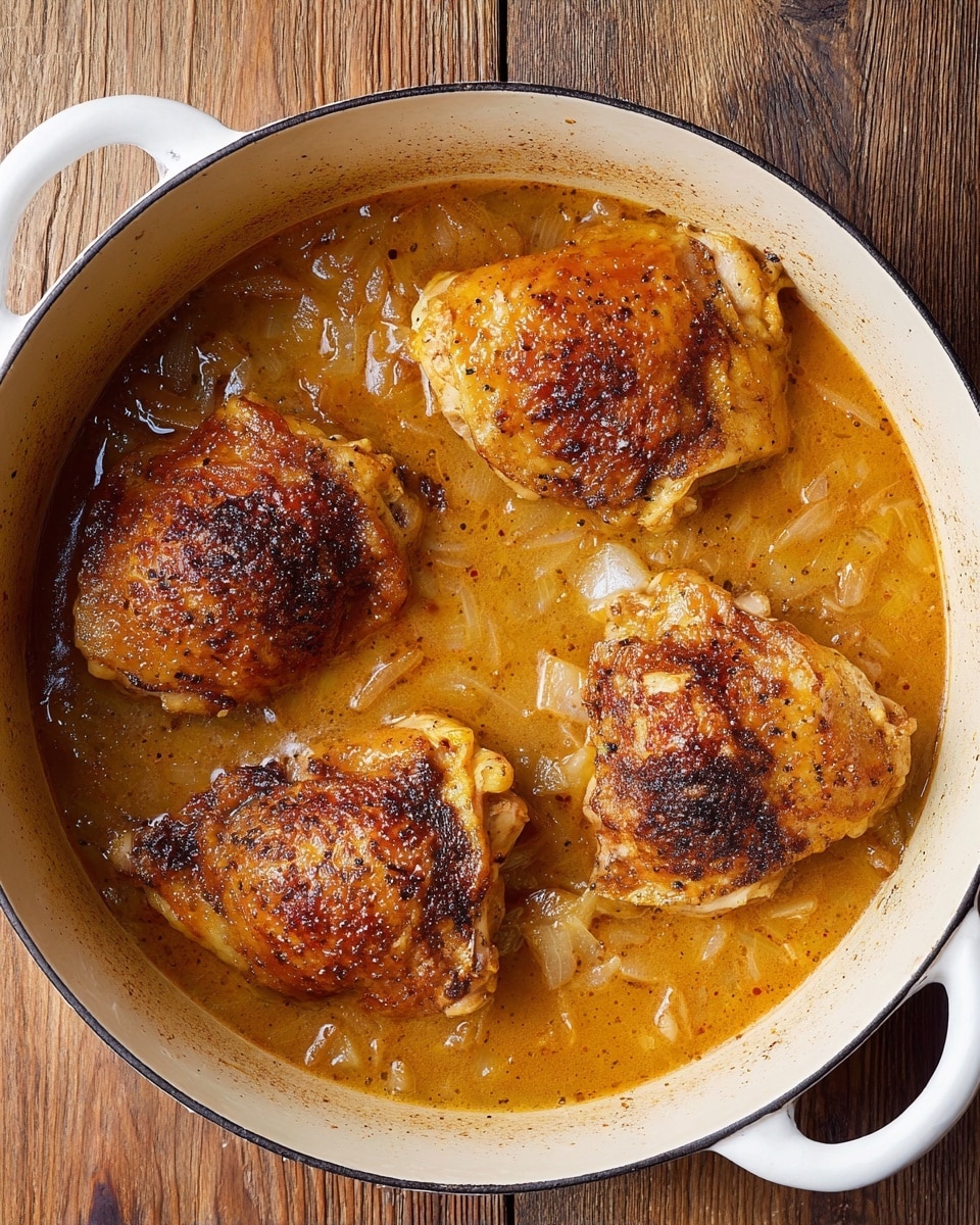 A white round pot filled with four pieces of browned chicken thighs, each with a crispy, dark golden skin on top. The chicken sits partly submerged in a smooth, light brown sauce with a few visible soft, translucent onion slices. The pot has two white handles on each side, and the background shows a wooden surface. The sauce looks slightly bubbling around the chicken pieces. photo taken with an iphone --ar 4:5 --v 7