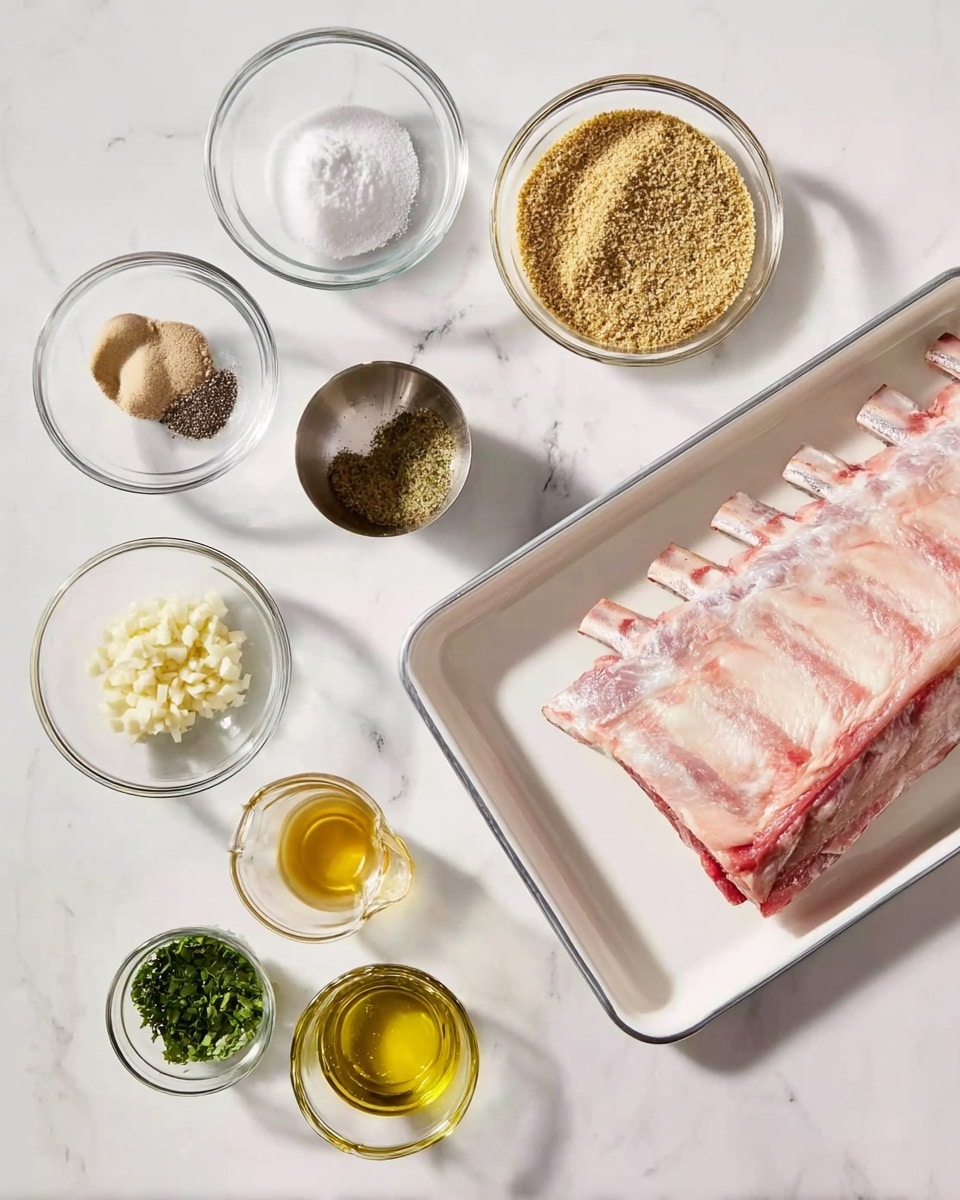 A white metal tray on the right side holds a piece of raw rack of ribs with a thick layer of pale fat on top and the rib bones sticking out on the right edge. Surrounding the tray on the white marbled surface are small glass bowls and metal containers with different ingredients: on the top right, a bowl filled with light brown breadcrumbs; next to it on the top left, a metal container with black pepper; below that, a smaller metal container with salt; to the bottom left of those, a small glass bowl of chopped white garlic; below that bowl is a cup of light brown mustard; next to it, a glass bowl filled with chopped green herbs; and to the bottom right of the tray, two small glass measuring cups filled with golden olive oil. A woman’s hand is not visible but can be imagined gently holding or arranging these items. The entire setup is on a white marbled surface. photo taken with an iphone --ar 4:5 --v 7