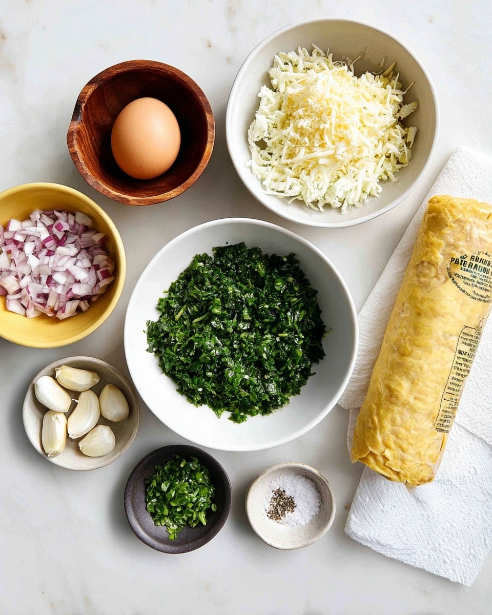 The image shows several ingredients arranged on a white marbled surface. In the center is a white bowl filled with finely chopped green leafy herbs. Above it to the right is a white bowl containing a mix of white crumbled cheese and shredded cheese. Next to it on the far right is a yellow-wrapped roll of ground chicken lying on a white paper towel. At the top left is a wooden bowl holding a brown egg. Below that is a yellow bowl with chopped red and white onions. On the left bottom corner are three peeled garlic cloves next to a small dark bowl filled with more chopped green herbs. At the bottom center is a small white plate with salt and black pepper. The setting is bright and clean, with all items neatly placed. Photo taken with an iphone --ar 4:5 --v 7