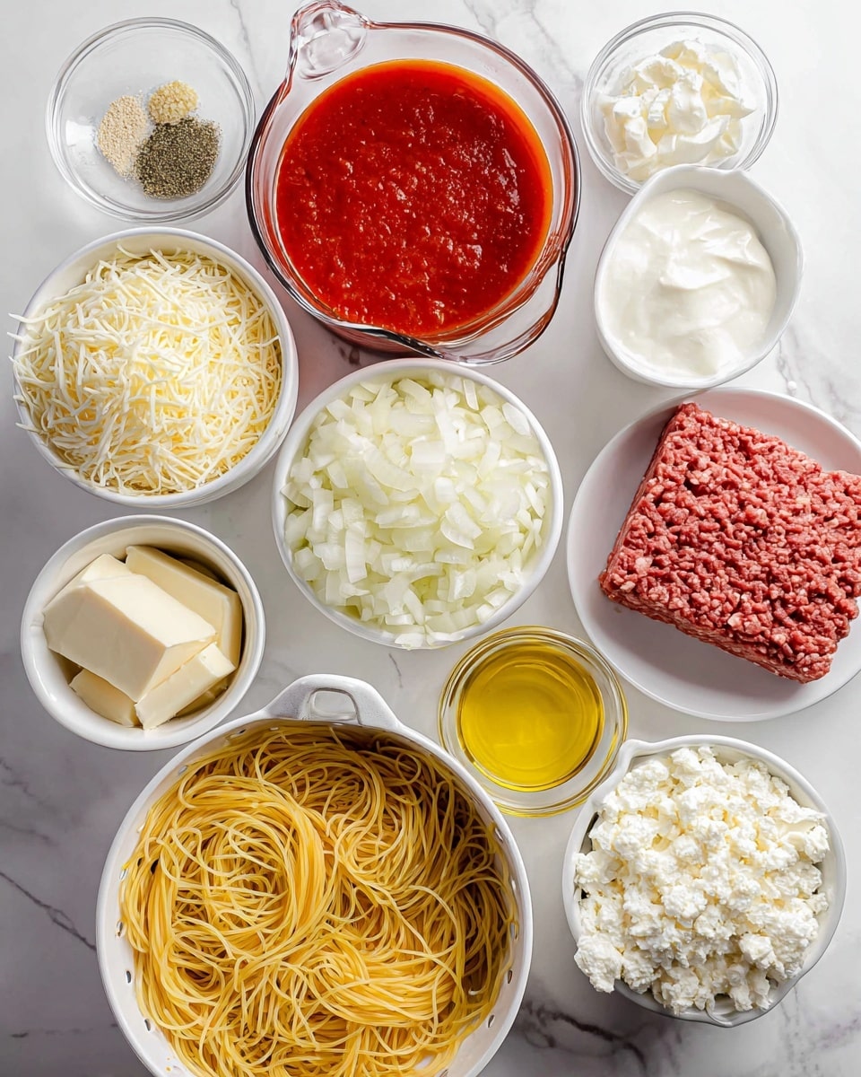 This image shows many ingredients on a white marbled surface for making spaghetti. There is a white colander at the bottom right filled with cooked yellow spaghetti noodles. Next to it on the left is a clear measuring cup with red tomato sauce. Above the sauce is a white bowl filled with shredded white cheese. To the right of the shredded cheese is a white bowl with diced white onions. Above the onions is another white bowl with thick white cheese slices. On the top left corner is a small white bowl with minced garlic and dried herbs. Next to it is a clear measuring cup with white cream. To the far right is a white bowl with white cottage cheese. Between the onions and cottage cheese is a white plate holding a block of raw red ground meat. Finally, near the top left corner is a small white bowl with golden yellow olive oil. Photo taken with an iphone --ar 4:5 --v 7
