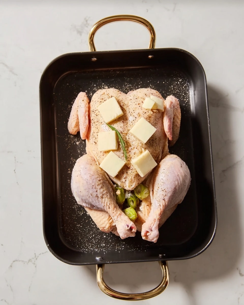 The image shows two whole raw chickens lying next to each other in a rectangular black baking tray with gold handles. The chickens are pale pink with specks of black seasoning on the skin. Each chicken has small squares of pale butter evenly spread over the top surface. The chicken on top has some green herbs or vegetables stuffed inside its cavity. The baking tray sits on a white marbled surface. photo taken with an iphone --ar 4:5 --v 7
