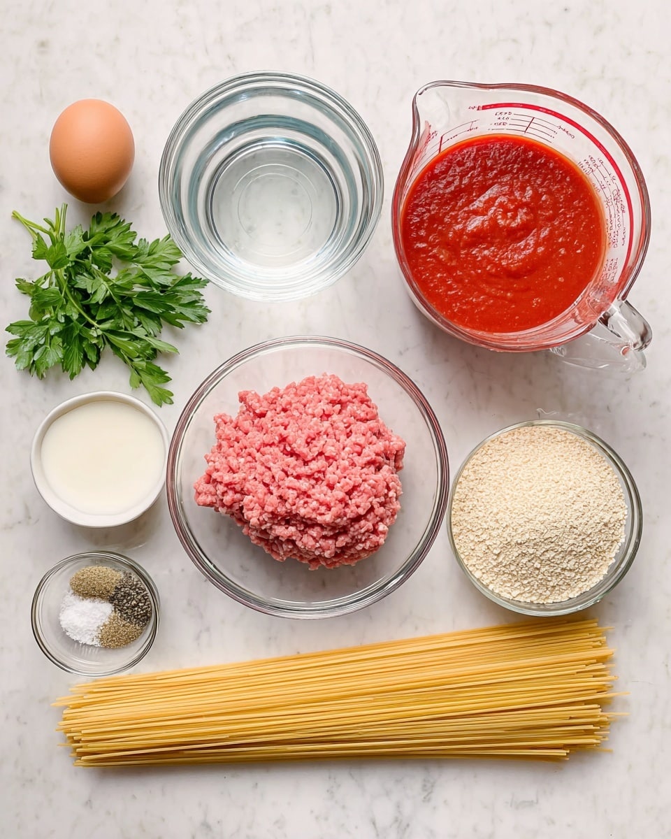 The image shows ingredients for a pasta dish arranged neatly on a white marbled surface. In the center, there is a clear glass bowl filled with pink ground meat, beside it on the right is a large clear glass measuring cup with red tomato sauce. Above the sauce is a smaller clear glass bowl with clear water. A bunch of uncooked spaghetti tied together lies horizontally below the meat and sauce. Below the spaghetti, there is another clear glass bowl filled with light beige breadcrumbs and next to it on the left is a small round bowl with white milk. Above the breadcrumbs, a small clear bowl holds mixed dry seasonings in pale green, white, and black colors. To the far left, a brown raw egg, a bunch of fresh green parsley, and a small glass container with yellow cooking oil are placed in a row. photo taken with an iphone --ar 4:5 --v 7