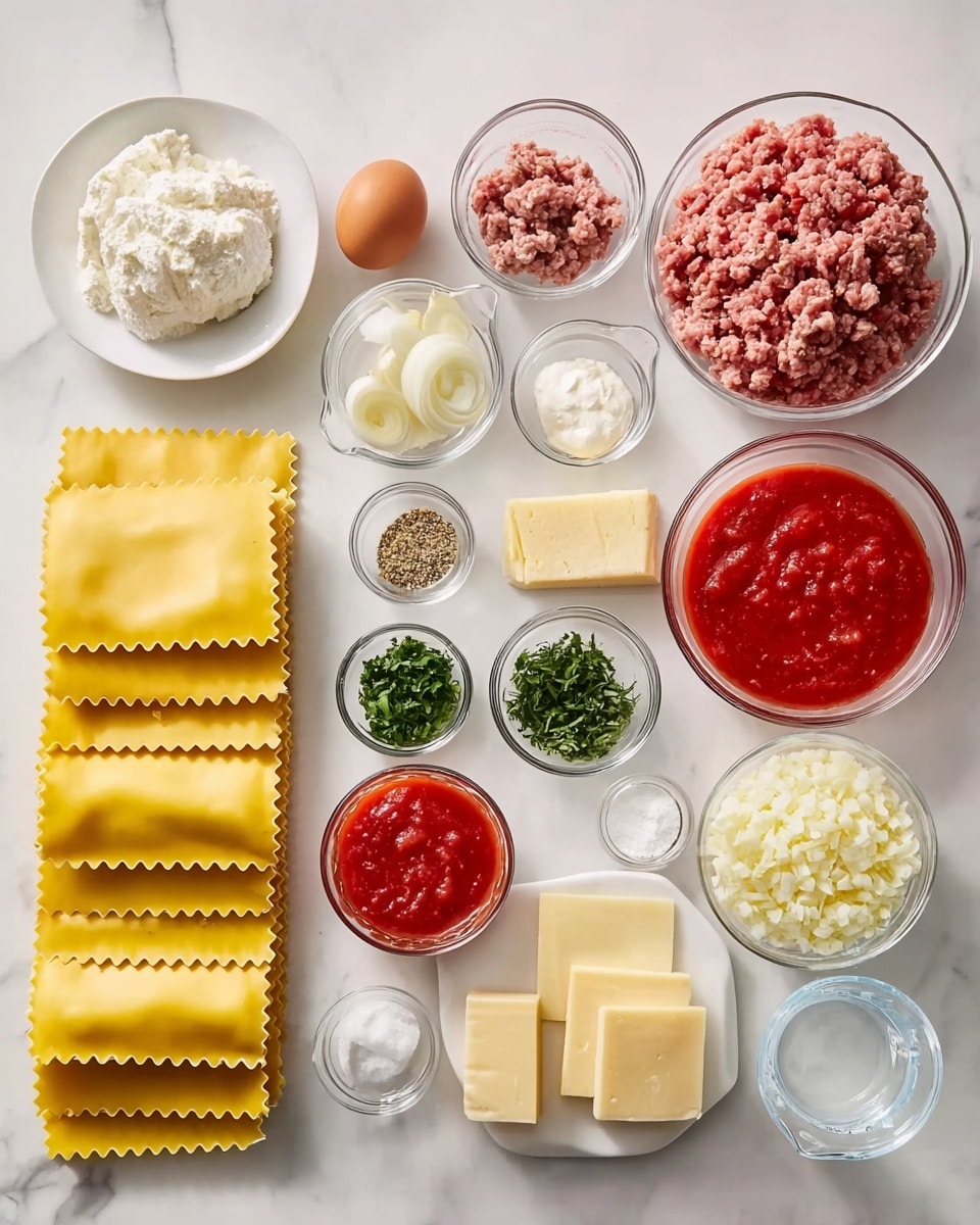 The image shows an arranged set of ingredients on a white marbled surface for making a layered pasta dish. There are four stacks of yellow lasagna sheets with ruffled edges on the bottom left. To the right, a white plate holds rectangular slices of pale yellow cheese. Next to it, there's a small glass bowl filled with white ricotta cheese. Beside that is a small bowl of grated light yellow cheese. A single brown egg is in a clear bowl just above. In the middle, small glass bowls hold minced garlic, chopped green herbs, black pepper, dried herbs, and salt. Above these, two larger glass bowls contain raw ground meats, one lighter and the other darker. Next to them are two glass measuring cups with bright red tomato sauce and a smaller amount of tomato paste. A small bowl with finely chopped white onions is placed near the center. A measuring cup with clear liquid is in the top left corner. The setup is clean and brightly lit, with every ingredient visible and separated in its own bowl or container, ready for cooking. Photo taken with an iphone --ar 4:5 --v 7
