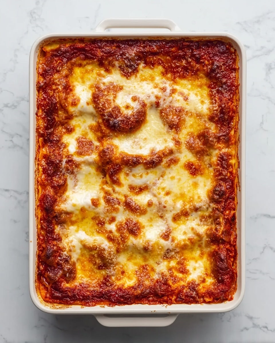 The image shows a rectangular white baking dish filled with a baked lasagna topped with a golden-brown melted cheese layer that has patches of light brown where it is slightly crispy, surrounded by a rich red tomato sauce visible around the edges. The cheese layer looks thick and uneven with bubbling spots, covering multiple layers beneath, suggesting a rich and hearty filling. The dish is placed on a white marbled surface, adding a clean and simple background contrast. photo taken with an iphone --ar 4:5 --v 7