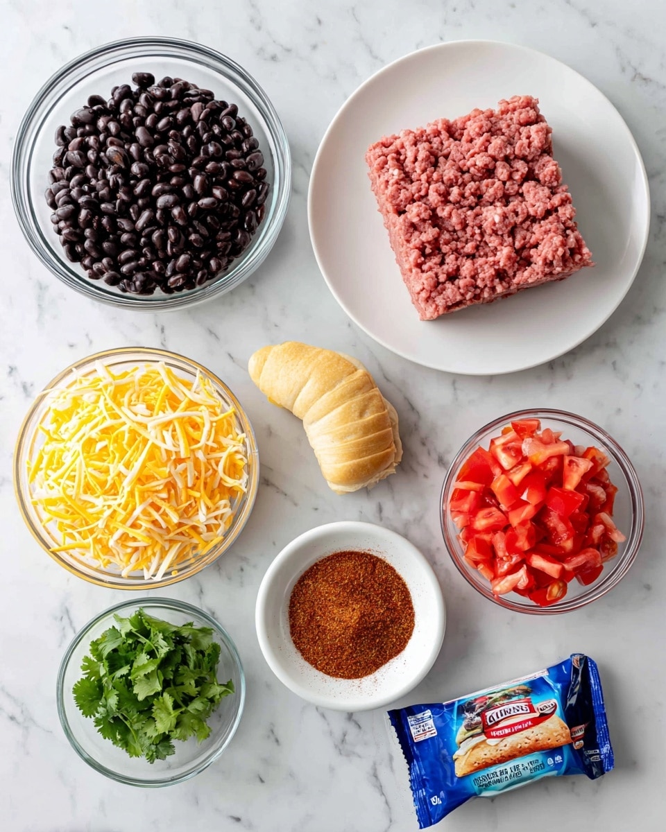The image shows several white bowls and a white plate arranged on a white marbled surface. In the top left, a clear glass bowl holds dark black beans with a shiny texture. To the right of it, a white plate contains a block of pink ground beef with a soft, loose texture. Below the black beans, a clear glass bowl is filled with shredded yellow cheese that looks fresh and soft. In the center, a small white bowl has a mound of reddish-brown taco seasoning powder. To the right of that, another small white bowl holds bright red diced tomatoes with some white parts showing. Below the taco seasoning, a small clear glass bowl has fresh green cilantro leaves with a rough texture. At the bottom, a blue and red package of crescent dough is placed horizontally. The scene is neat and well-lit, highlighting the colors of the ingredients clearly. photo taken with an iphone --ar 4:5 --v 7