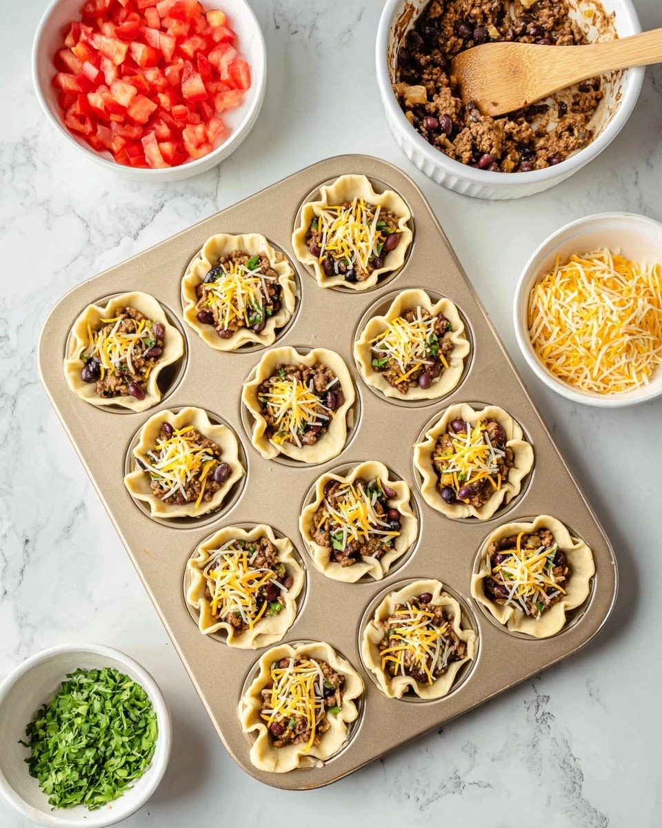A beige metal muffin tray holds 12 sections filled with a layered dish. Each section has a base layer of light beige dough shaped like a small cup with some edges folded out. Inside each dough cup, there is a mixture of dark brown beans and light brown ground meat, topped with a small pile of shredded yellow and white cheese. Surrounding the tray on a white marbled surface are three small white bowls – one containing diced red tomatoes, another with extra shredded cheese, and the last with fresh green chopped herbs. There is also a larger white bowl with a mix of beans and ground meat and a wooden spoon inside. Photo taken with an iphone --ar 4:5 --v 7