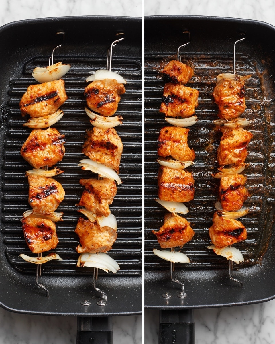 The image shows a black grill pan with four metal skewers inside. Each skewer has small pieces of light golden-brown cooked meat, separated by slices of white onion. The meat looks juicy with a slightly charred surface, especially in the second image where the grilling is more visible with dark grill marks and a deeper orange color on the meat. The grill pan has parallel ridges, and some cooked juice and small bits are visible on the pan’s surface. The background is a white marbled texture. photo taken with an iphone --ar 4:5 --v 7