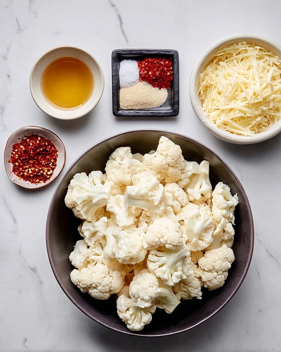 The image shows a dark bowl full of white cauliflower florets with a rough texture, placed in the center on a white marbled surface. To the left, there is a small white bowl filled with golden honey and next to it a small black dish holding four piles of spices: red powder, white salt, beige granules, and red flakes. To the right of the dark bowl is a white bowl filled with finely shredded pale yellow cheese, all items arranged neatly on the surface. Photo taken with an iphone --ar 4:5 --v 7