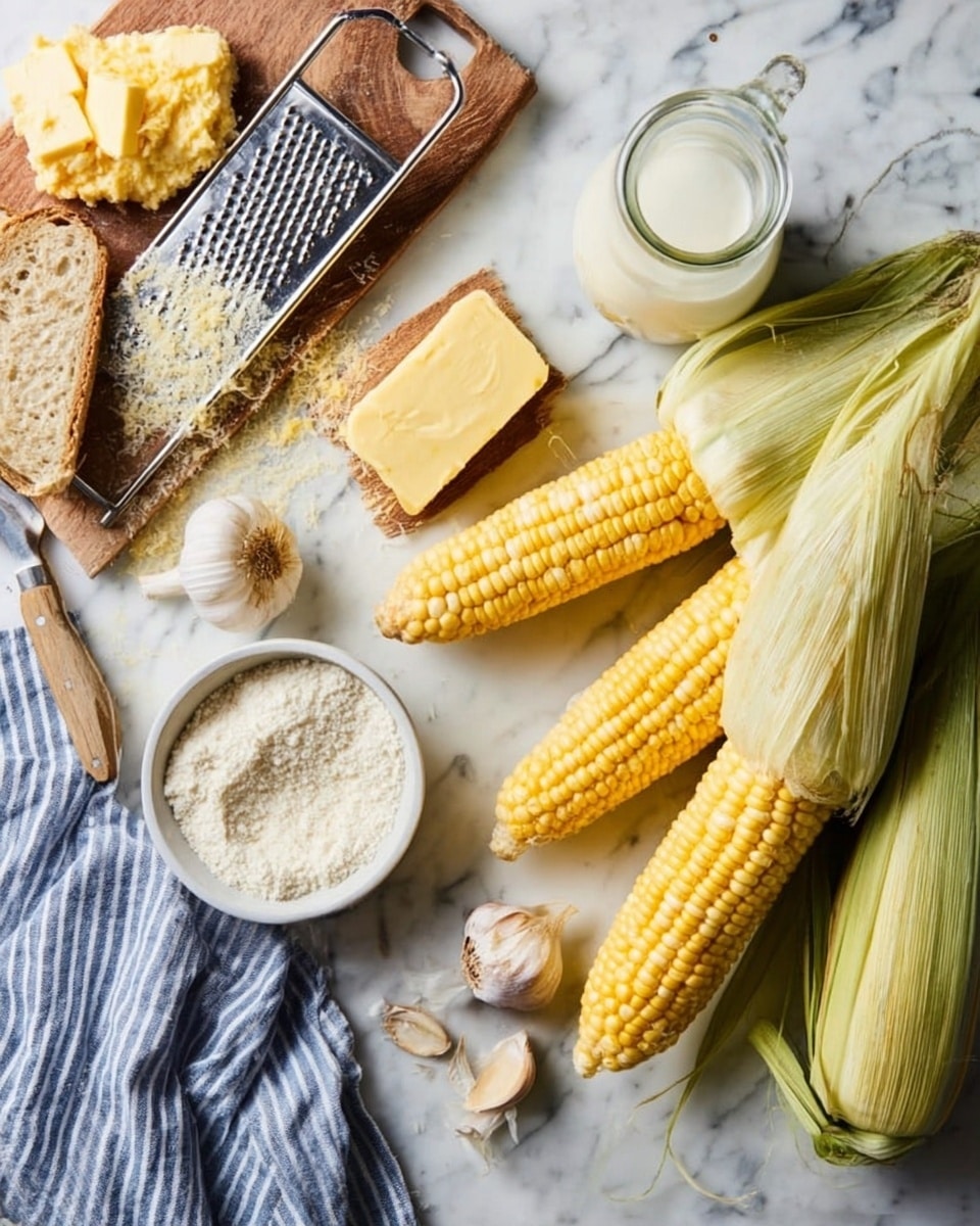 The image shows a kitchen scene with four ears of yellow corn, one still partly covered with green husks, lying on a white marbled surface. There is a stick of yellow butter partly unwrapped on the top center and a small glass jug of cream or milk to the right. A bulb of garlic with some cloves separated is placed near the corn. To the left, there is a wooden board with a metal cheese grater and some grated cheese on it, next to a small white bowl of coarse salt and a piece of light brown bread. A small glass bowl of white flour and a blue-striped towel also rest on the white marbled surface near the bottom left. photo taken with an iphone --ar 4:5 --v 7