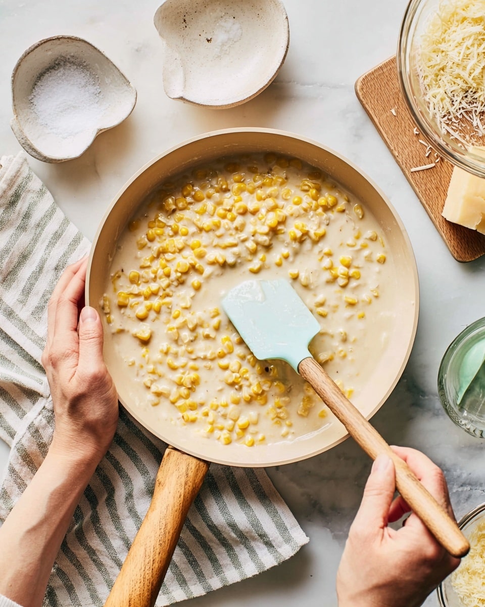 A light beige pan with a wooden handle is filled with creamy cooking liquid and bright yellow corn kernels evenly mixed in. A woman's hand holds the wooden handle, while another woman's hand stirs the corn mixture gently with a light blue spatula positioned on the right side of the pan. The pan sits on a soft striped cloth on a white marbled surface. Around the pan, there is a white bowl with coarse white salt above the pan, a wooden board with grated cheese on the right, and a glass bowl partially visible with a pale green measuring spoon inside it on the right edge. Photo taken with an iphone --ar 4:5 --v 7