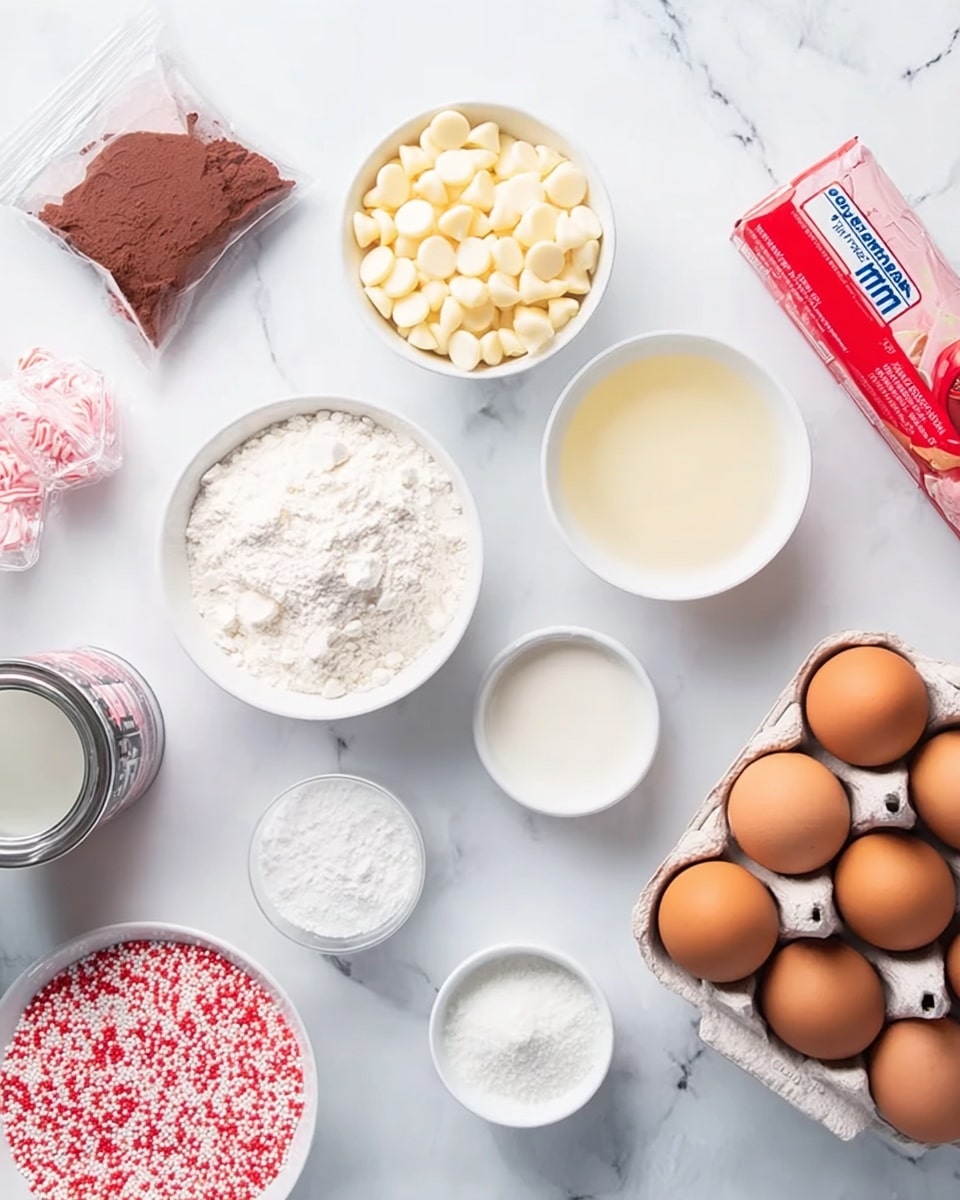 The image shows a white marbled surface with various baking ingredients arranged neatly. There is a sealed plastic bag of cocoa powder on the left, a small white bowl filled with white chocolate chips near the top center, and a white bowl with a clear liquid next to three brown eggs in a white carton on the right. A small can of condensed milk is placed in the middle, slightly tilted. There are also several small white bowls containing white powdery ingredients, and a measuring cup filled with a white granular ingredient. A red tube and a container filled with red, white, and pink sprinkles are seen near the eggs. Everything is spread out evenly on the white marbled texture, and no woman’s hand is visible in the scene. Photo taken with an iphone --ar 4:5 --v 7