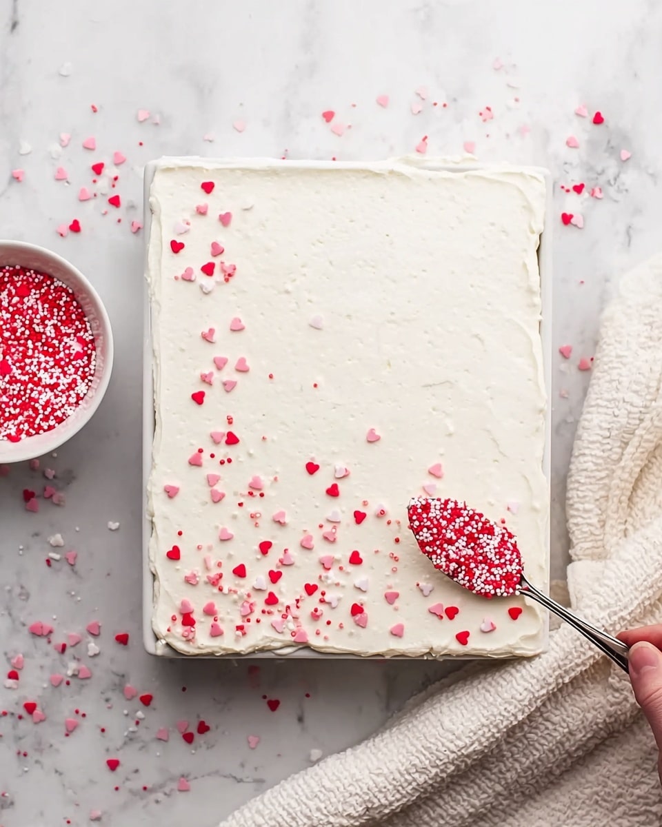A rectangular cake with a smooth white cream layer covering the entire top surface, placed on a white marbled texture background. The cake is decorated on one corner and scattered lightly across the surface with small red and pink heart-shaped sprinkles. A white bowl filled with the same red and pink heart sprinkles is placed near the top left corner. A spoon filled with these sprinkles is resting on the bottom right side of the cake, as a woman's hand holds the spoon slightly above the cake. A soft, off-white textured cloth is partially visible on the right side. Photo taken with an iphone --ar 4:5 --v 7