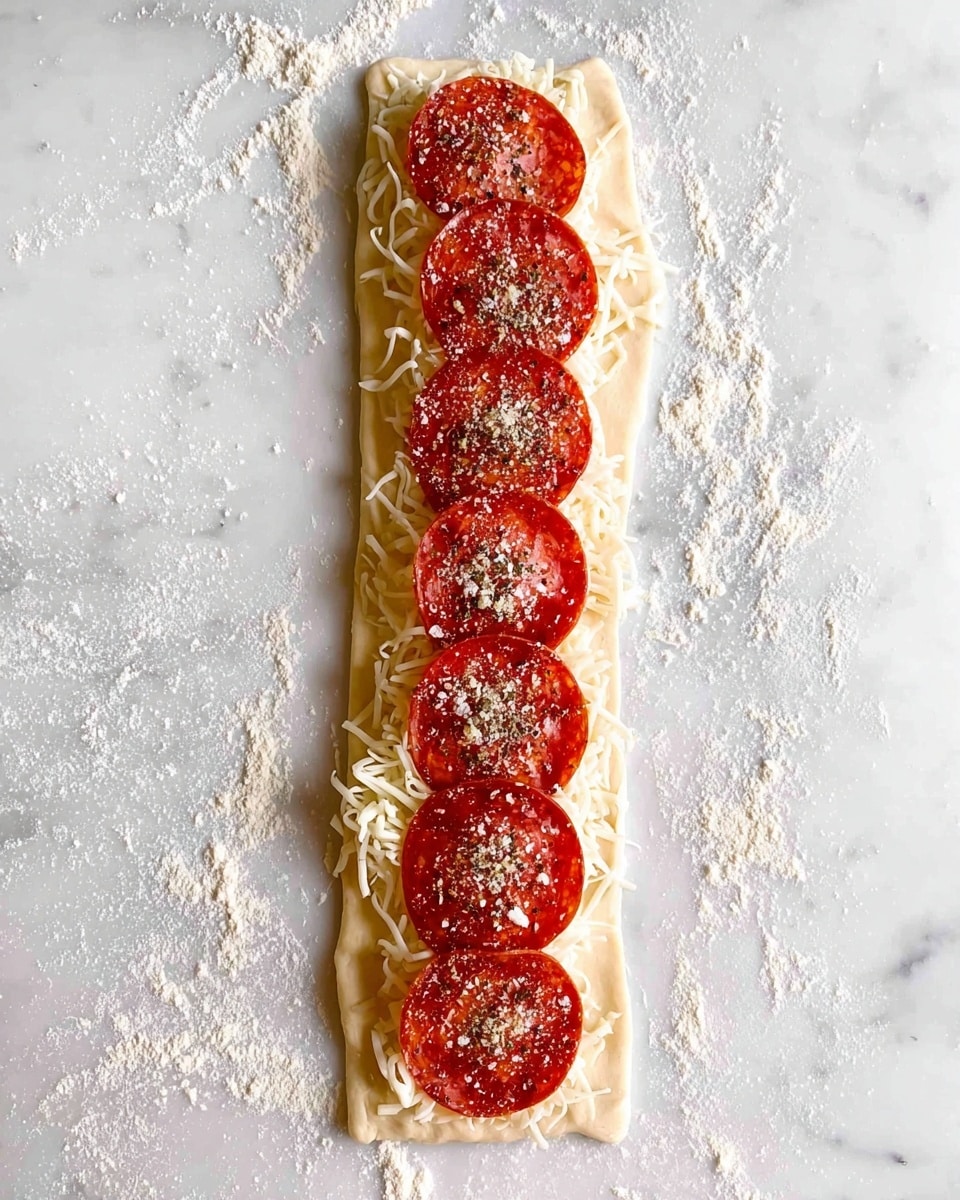 A long, narrow strip of dough is laid flat on a white marbled surface, dusted lightly with flour. On top of the dough, there is a layer of shredded cheese that forms a soft, pale yellow bed. Above the cheese, there are evenly spaced round slices of red pepperoni lined up along the length of the dough. Small sprinkles of white grated cheese and black pepper are scattered sparsely on top of the pepperoni slices, adding texture and color contrast. The edges of the dough are visible around the toppings, showing its thin and light beige texture. The overall look is neat and organized, ready for folding or baking, photo taken with an iphone --ar 4:5 --v 7