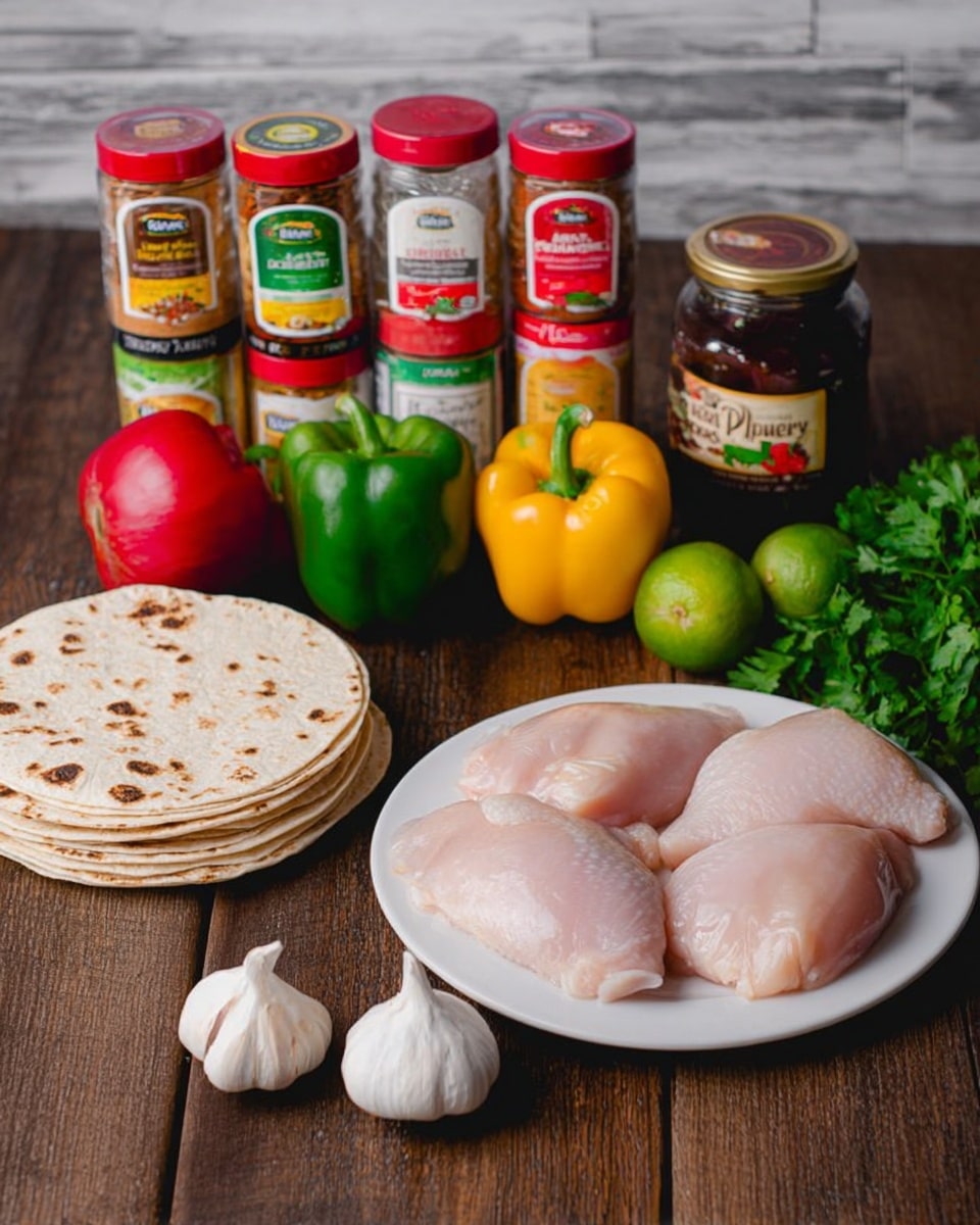 The image shows three raw chicken pieces with a smooth pale pink color placed on a white plate, positioned slightly right of center on a dark wooden surface. In front of the plate, three white garlic cloves and a whole light brown onion sit on the table. To the left, a stack of six round tortillas with light brown spots is neatly arranged. Behind the tortillas, there is a line of fresh colorful bell peppers: red, green, and yellow, along with a green lime. Four small spice jars with red lids and colorful labels are stacked in two rows, featuring paprika, ground cumin, coriander, and chili powder. To the right of the spices, there is a dark glass jar of raw and unfiltered honey with a honeycomb design on the label, next to a can of petite diced tomatoes with green chilies. A bunch of fresh cilantro peeks out on the far right. The entire scene is set against a wooden background with a white marbled textured surface below. Photo taken with an iphone --ar 4:5 --v 7