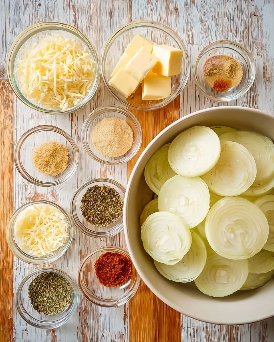 The image shows several small clear glass bowls arranged on a wooden surface with a white marbled texture. On the right side, there is a large white bowl filled with many round, pale yellow onion slices stacked loosely. Surrounding the large bowl, there are smaller bowls: one with small cubes of pale yellow butter near the top center, one with light brown breadcrumbs next to it, two bowls at the bottom left containing two types of shredded cheese, one off-white and the other slightly darker yellow, and four other small bowls holding different green and brown dried herbs and spices, including a reddish one and finely ground pale yellow powder. The bowls are arranged neatly, with an organized and bright presentation. Photo taken with an iphone --ar 4:5 --v 7
